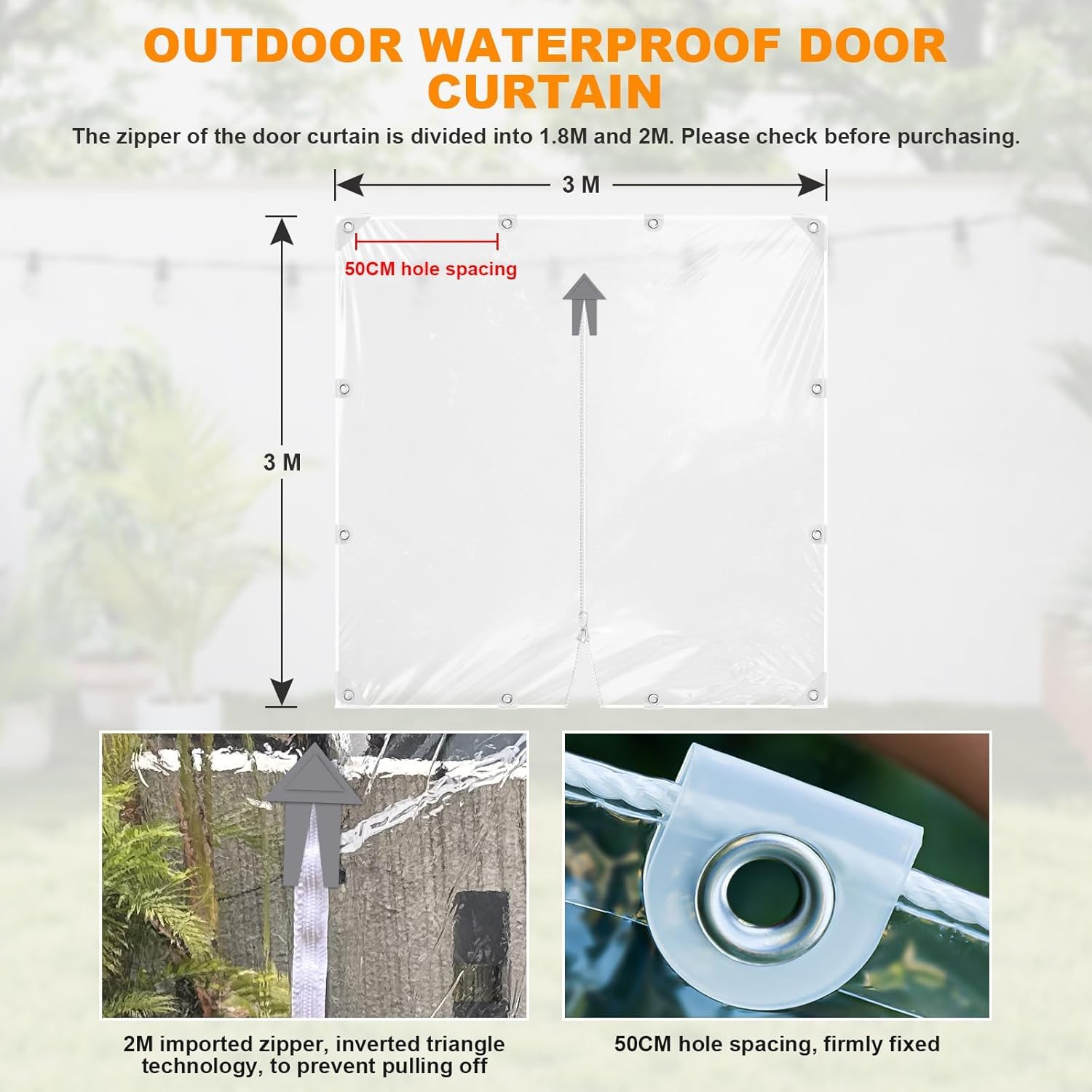 Transparente Plane, robuste PVC-Plane mit Reißverschluss, wasserdicht, staubdicht, winddicht, reißfest, mit Ösen und Seilen, für Gewächshaus, Terrasse, Garten, Outdoor, 3 x 3 m
