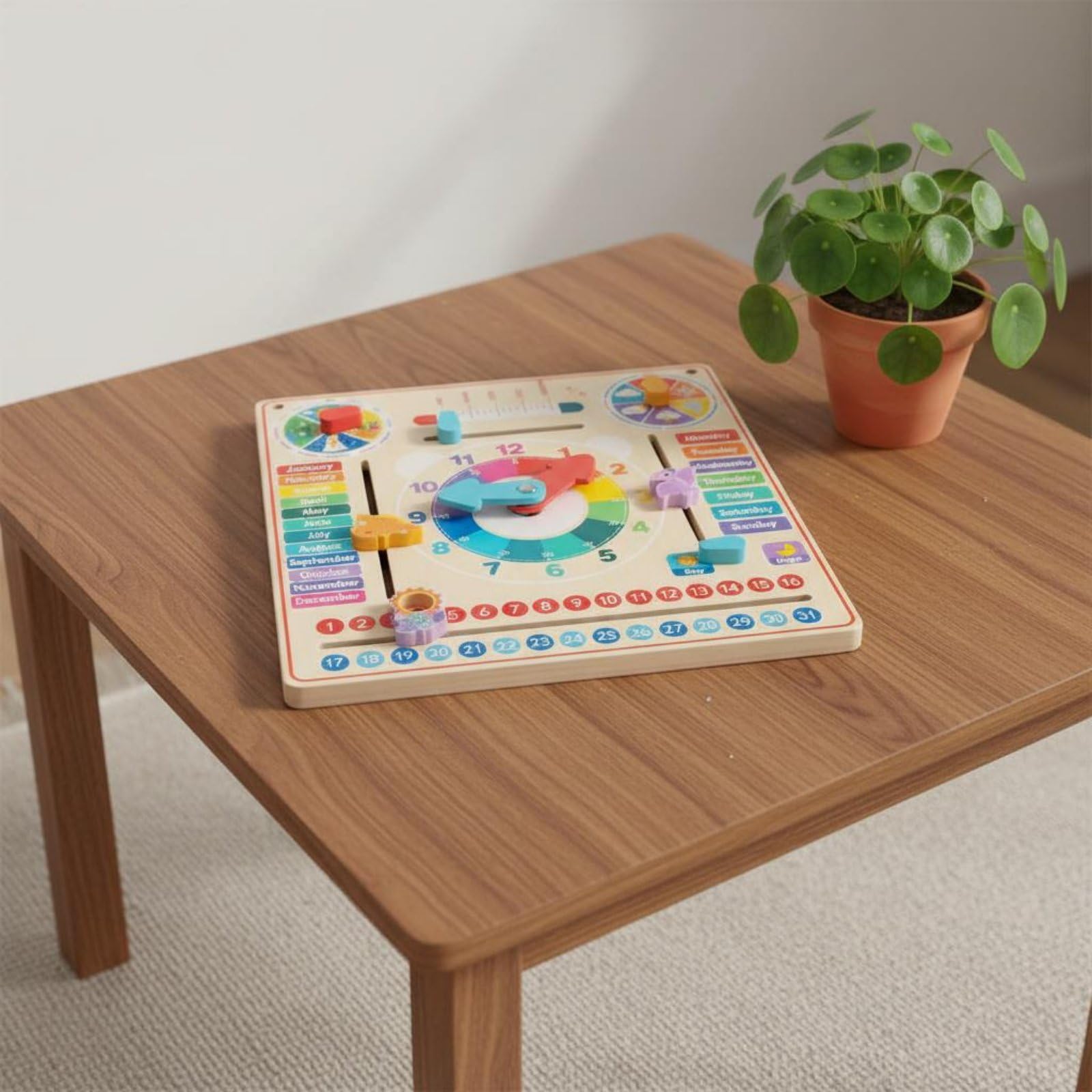 Lernuhr Holz Kalender Uhr Lernspielzeug Lernbrett mit Drehbaren Zeigern Schiebeelementen Wetter Temperatur Förderung von Feinmotorik Und Wortschatz für Kindergarten Unterricht Zuhause