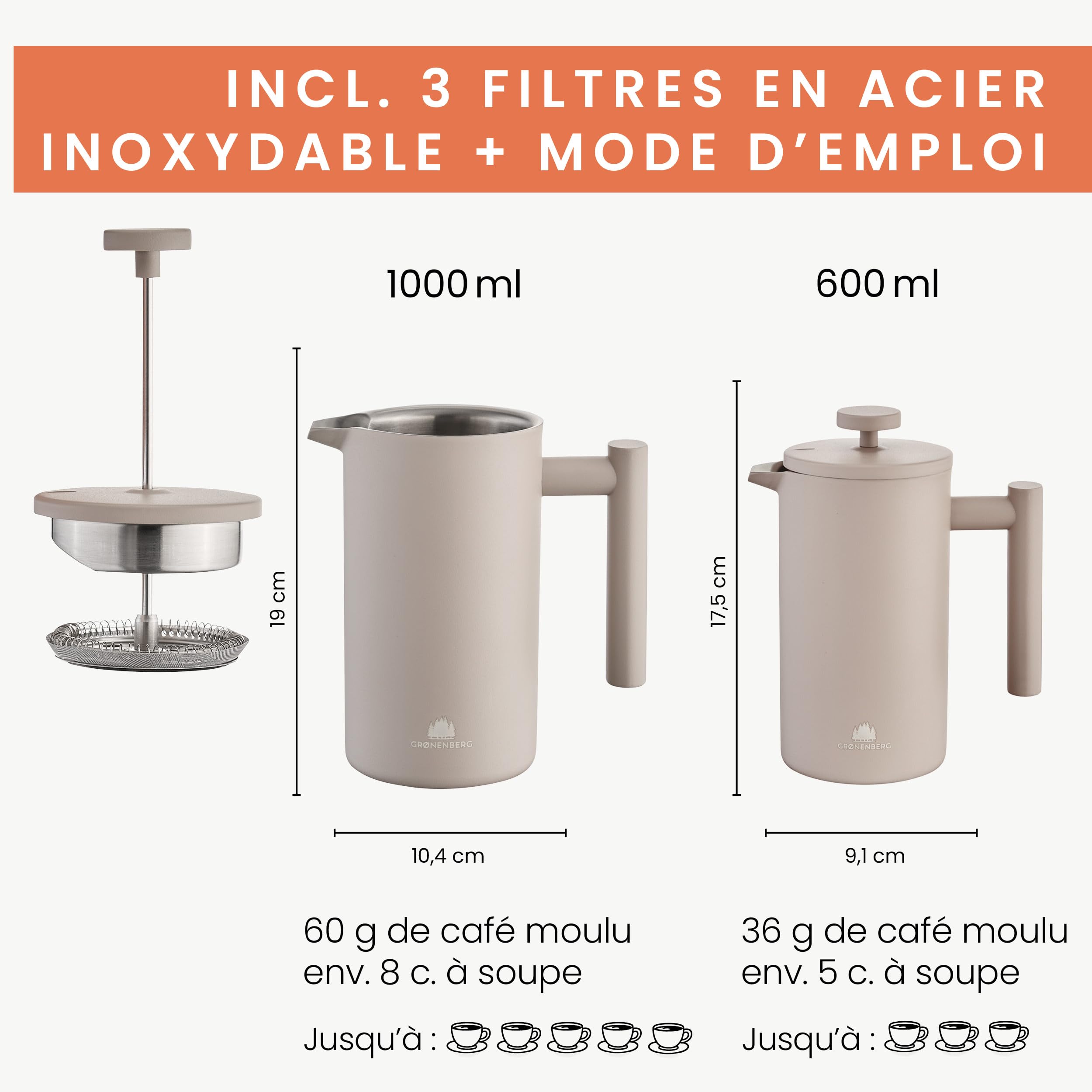 Groenenberg Cafetière à piston colorée | French Press avec filtres de rechange | 0,6 ou 1 litre | Cafetière a Piston en acier (inox) (Earth, 1000 ml)