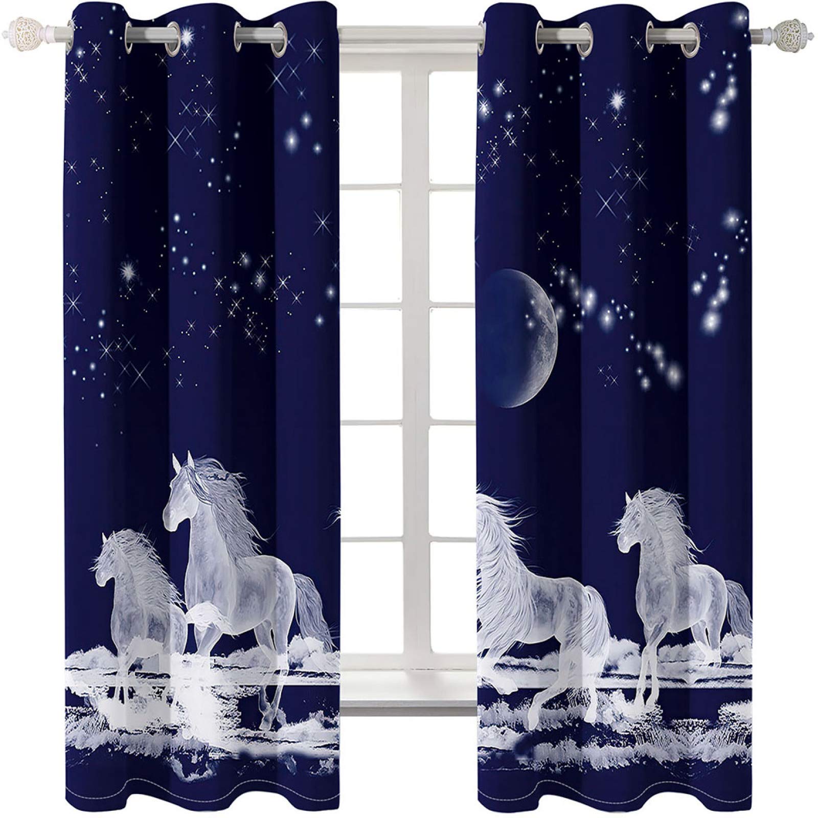 Rideau Occultant Chambre Lot De 2 - 140X160cm 3D Art Cheval Bleu Et Blanc Imprimé Rideaux Salon Opaque À Oeillets,Rideaux Grande Isolant Thermique Et Sonore, Décoration De Fenêtre