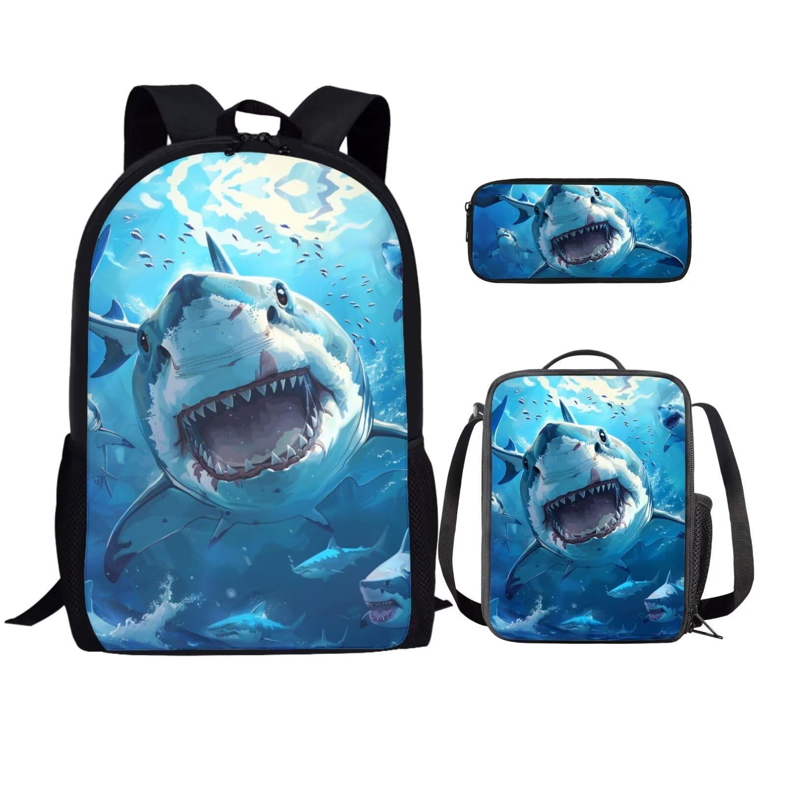 Ystardream Cool Shark Backpack for Boys School Bag Set with Lunchbox and Pencil Bag, 3 Pcs Set Bookbag Travel Daypack Laptop Backpack for Kids Girls