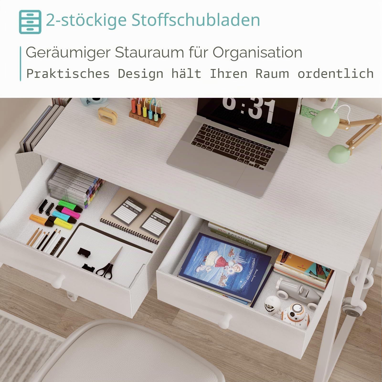 Lufeiya Schreibtisch weiß mit 2 Schubladen Kleiner Schreibtisch mit Stauraum Computertisch für Büro HomeOffice 80x40x79 cm