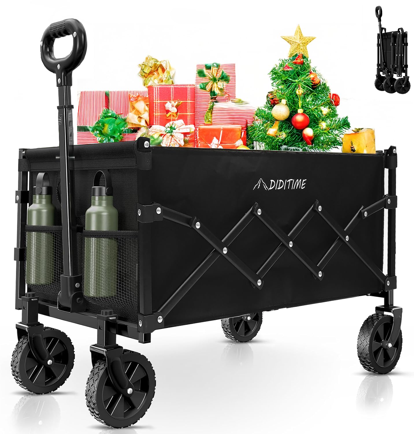 Carro plegable para la playa, soporte para bebidas, mango en D, carrito de jardín, carrito de playa para todo tipo de terrenos, al aire libre, camping, compras, carrito de mano, ruedas de silencio