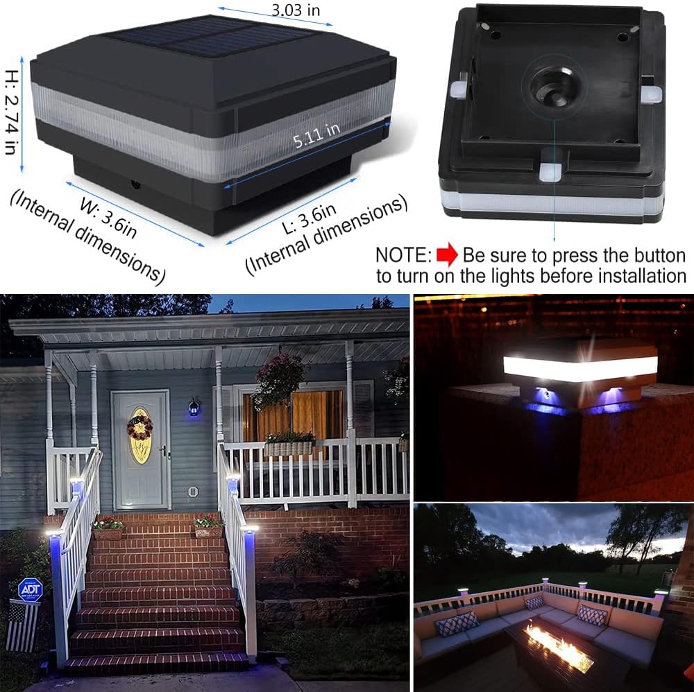 Sumaote Solar Post Cap Light, 52 LEDs 160 Lumen Outdoor Solar Post Light Fits 4x4 5x5 6x6 Wooden Posts IP65 Deck Fence Lights Platform Garden Patio 6000K White Lighting, Black Shell, 4 Pack