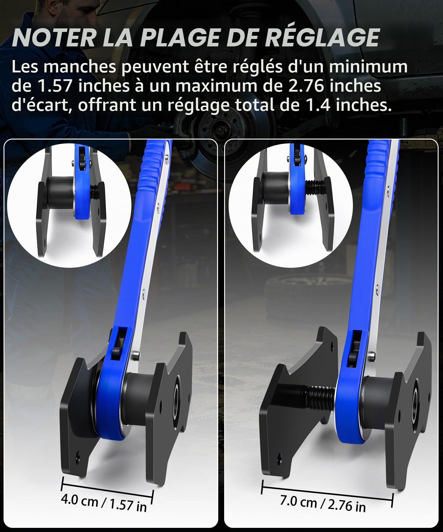 Outil de compression pour étrier de frein, interrupteur à cliquet pivotant à 360° avec 2 grandes plaques en acier supplémentaires et 2 crochets et poignée en nylon, gants de travail pour