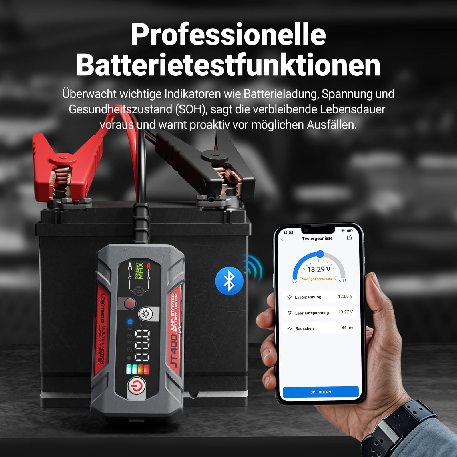 LOKITHOR JT400 Starter Powerbank 2500A mit Batterietester 100–2000 CCA | 3-en-1, Pour Essence 8.5L & Diesel 6.5L