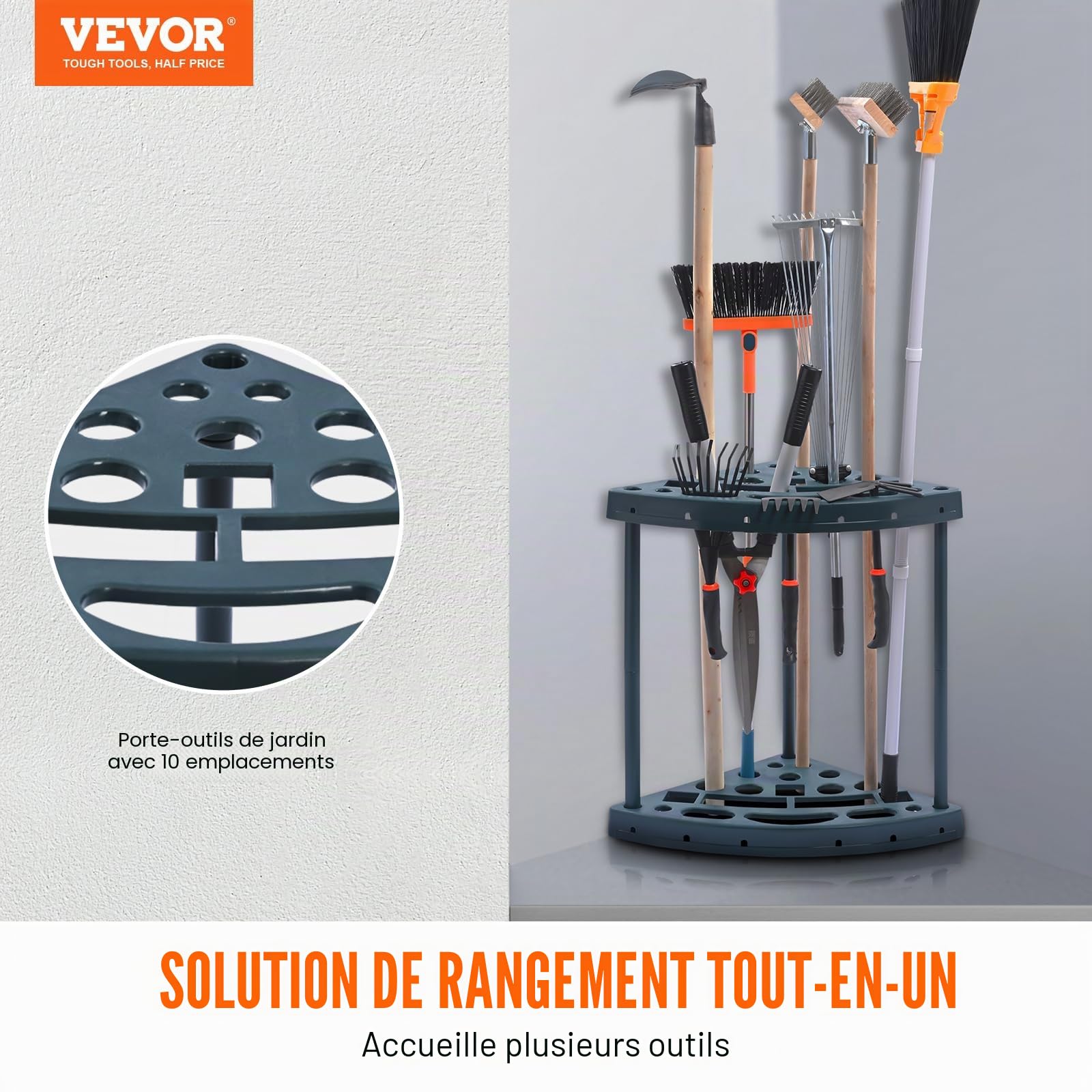 VEVOR Support Range Outils de Jardin 19 Emplacements Porte-outils de Garage en PP pour Rangement, Organisation, Stockage des Coins d'Abri Extérieur des Outils, Râteaux, Balais, Pelles à Long Manche