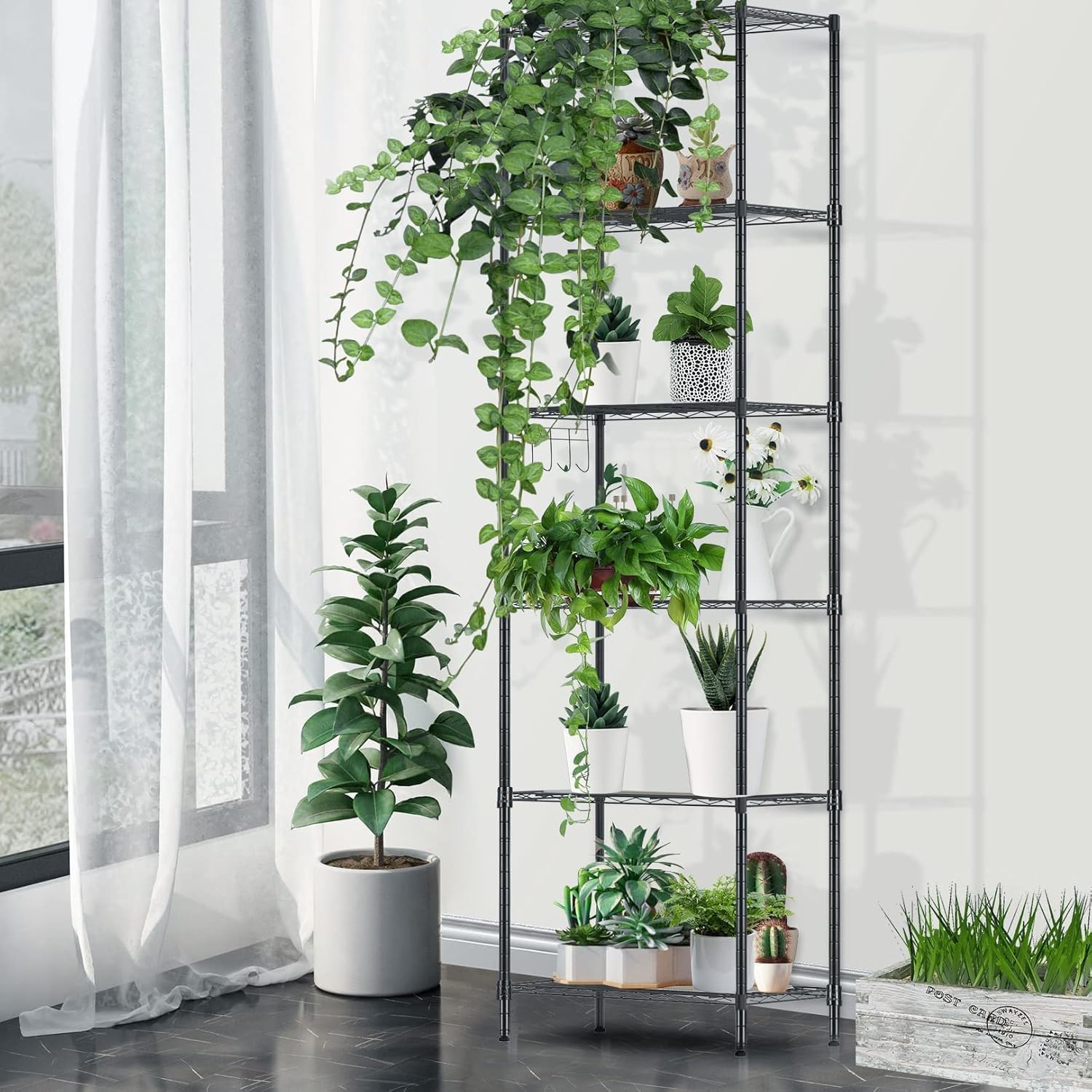 Himimi - Scaffale da cucina, in metallo, con ganci laterali, cromato, 54 x 29 x 160 cm,nero