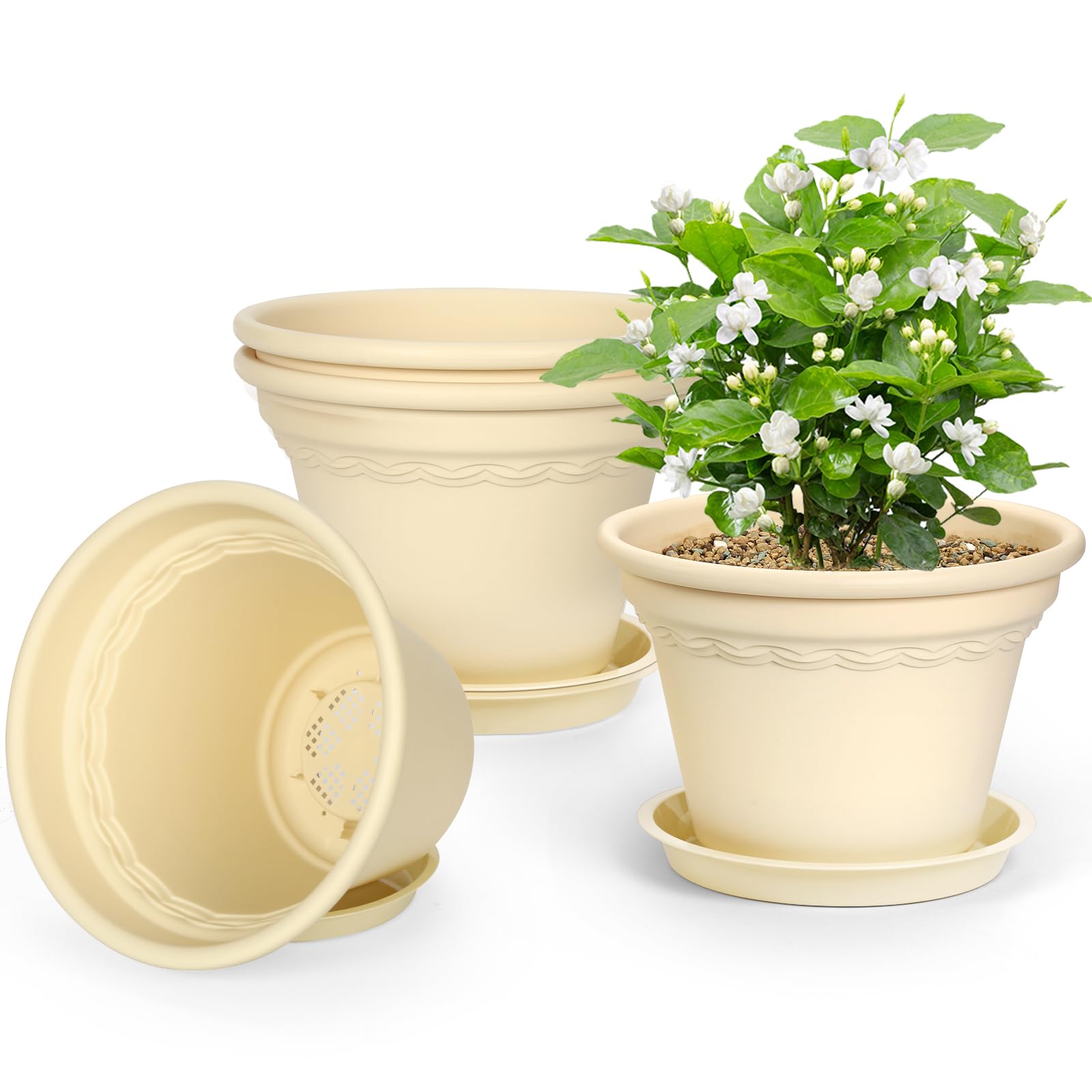 6/8/10/12/14/16 Inch Plant Pots,4 Pack Large Planters for Indoor Outdoor Plants,Thick Sturdy Plastic Flower Pots with Drainage Holes and Saucers(8 Inch)