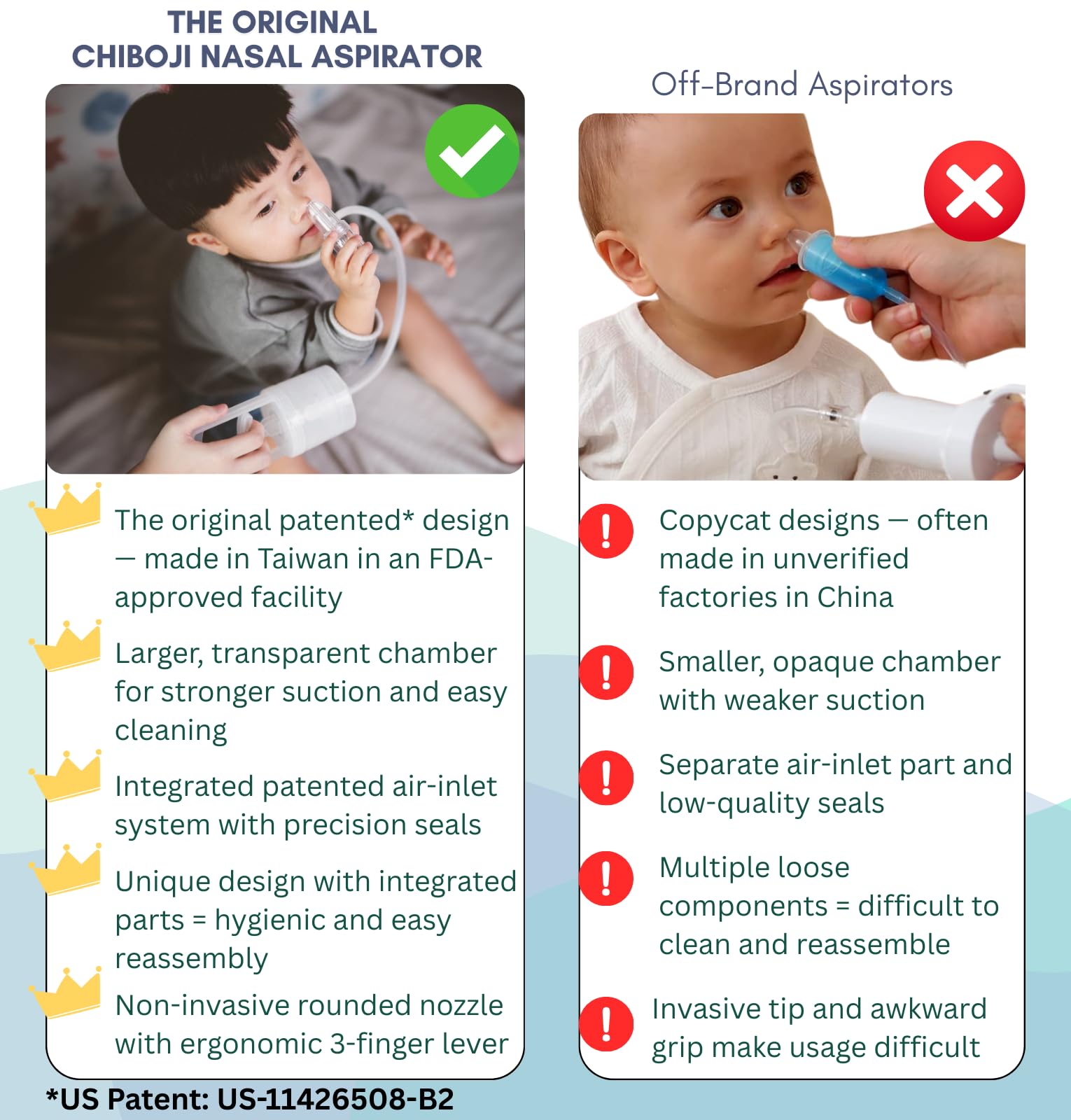 Chiboji - Aspiratore nasale per neonati e bambini, pompa manuale con punta non invasiva per un'aspirazione rapida e silenziosa, allevia il naso chiuso e muco chiaro, prodotto a Taiwan