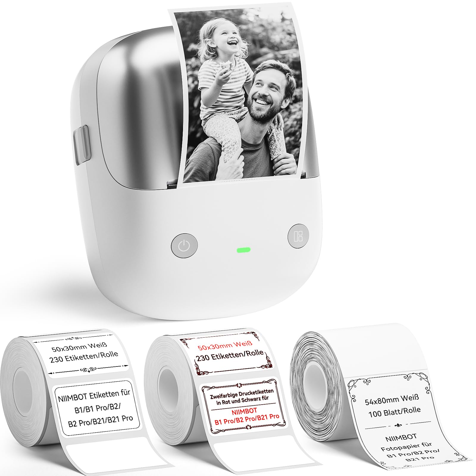 NIIMBOT B2 Pro Etikettendrucker mit 3 Rollen Wasserfeste Etiketten Selbstklebend, 300DPI Etikettiergerät Bluetooth Label Printer für Fotos, Adressetiketten, Preisschilder, Silber