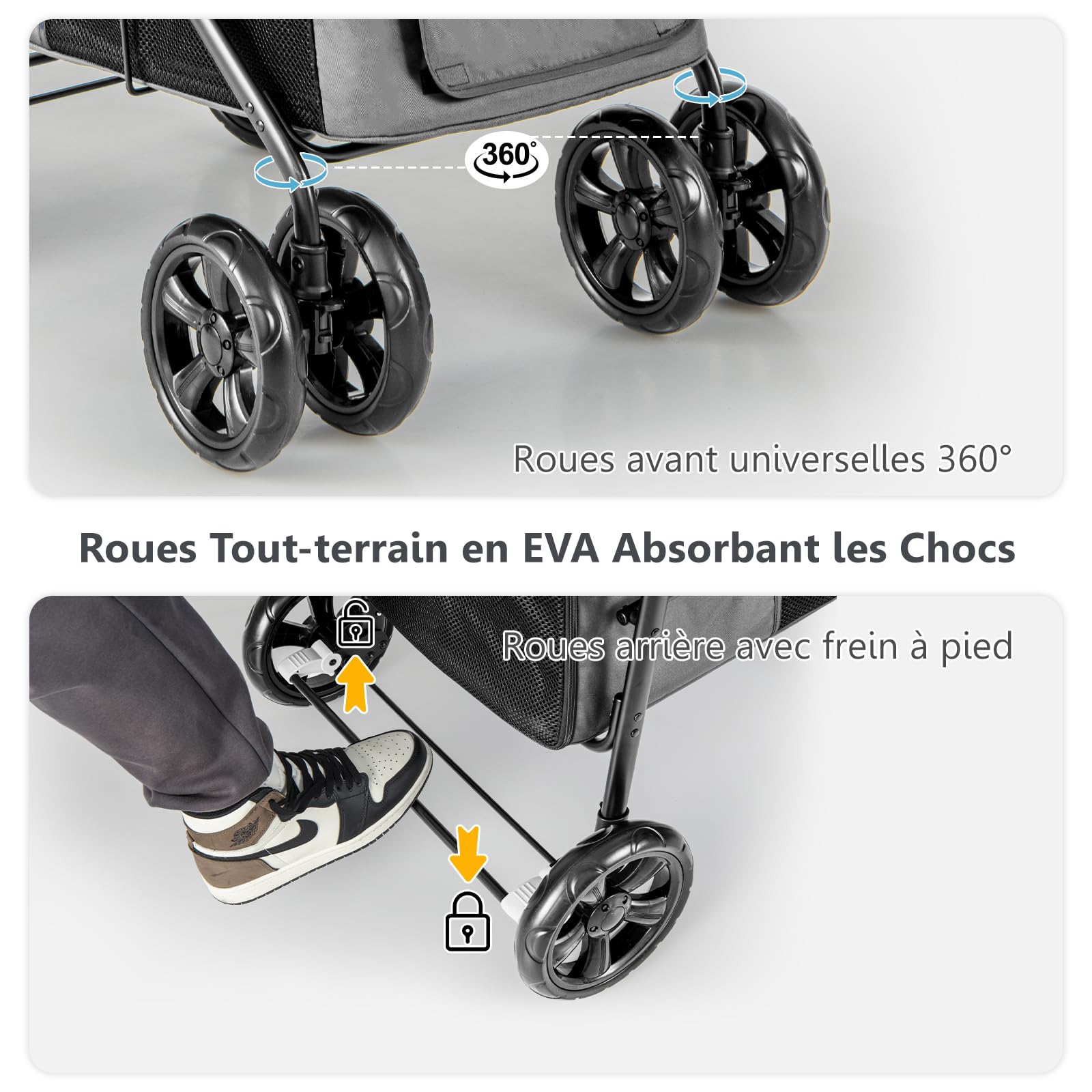 GYMAX Poussette Pliable pour Chien Chat, Transporteur pour Animaux de Compagnie avec 4 Roues et Frein & Portes Avant et Arrière & 3 Poches de Rangement, Charge 40 kg(Gris)
