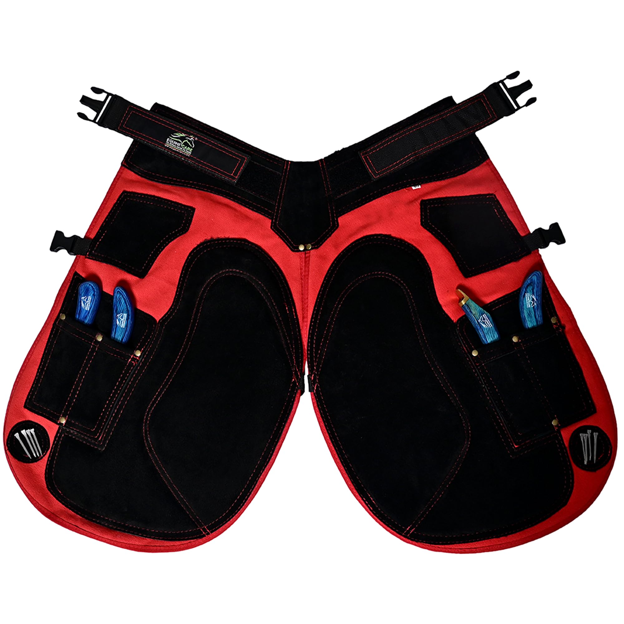 Equine Care Delantal Farrier - 23 Pulgadas y 25 Pulgadas - Piel de Ante y Lona - 4 Bolsillos, 2 imanes - Corte de Herradura y pezuña - Rojo/Negro, 23 Pulgadas (59 cm) de Longitud.