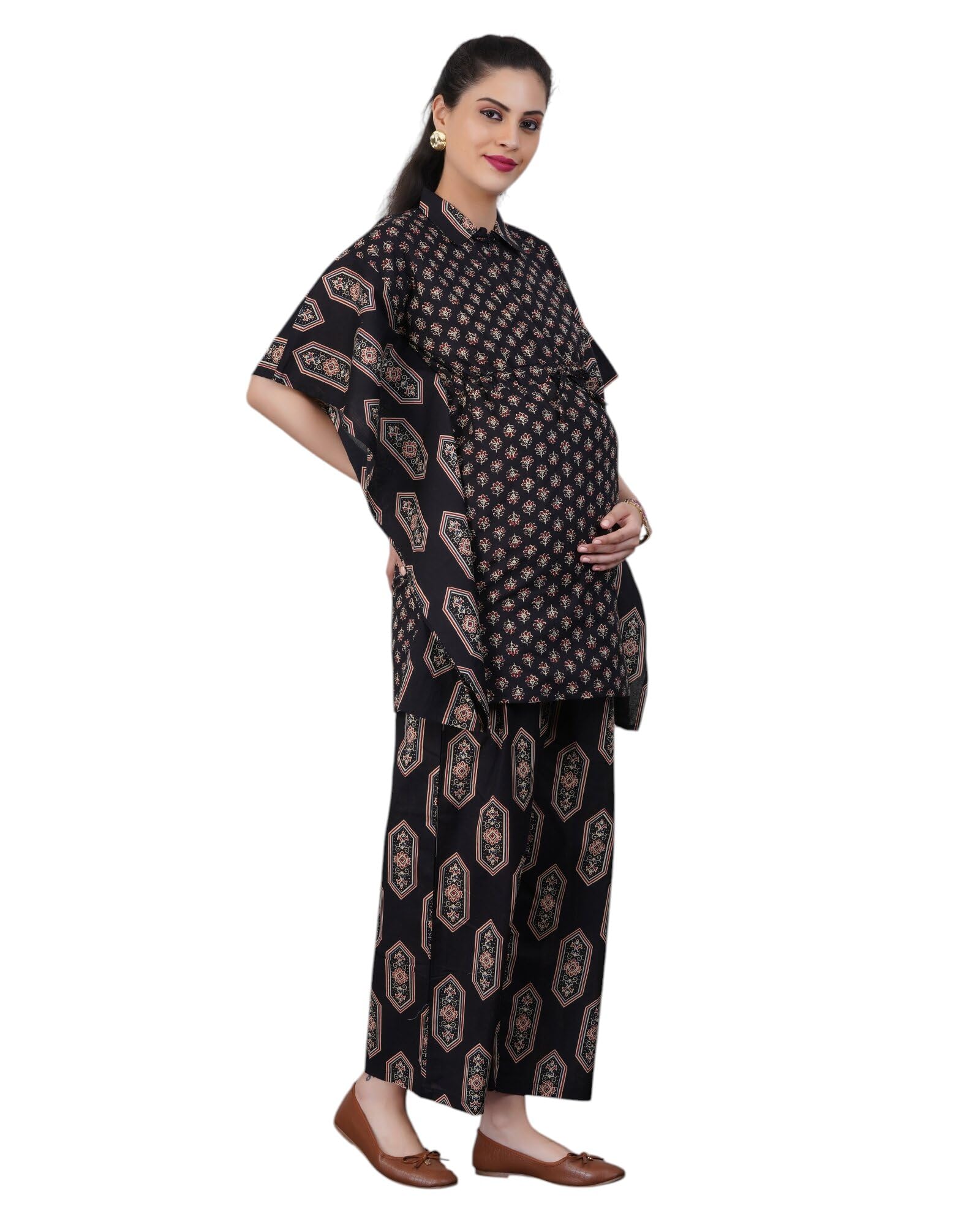 Kaftan Cord Set for Women - Maternity Cord Set for Pregnant and Postpartum Mothers, Nursing-Friendly Co Ord with Floral Tunic, Striped Sleeves-image-35