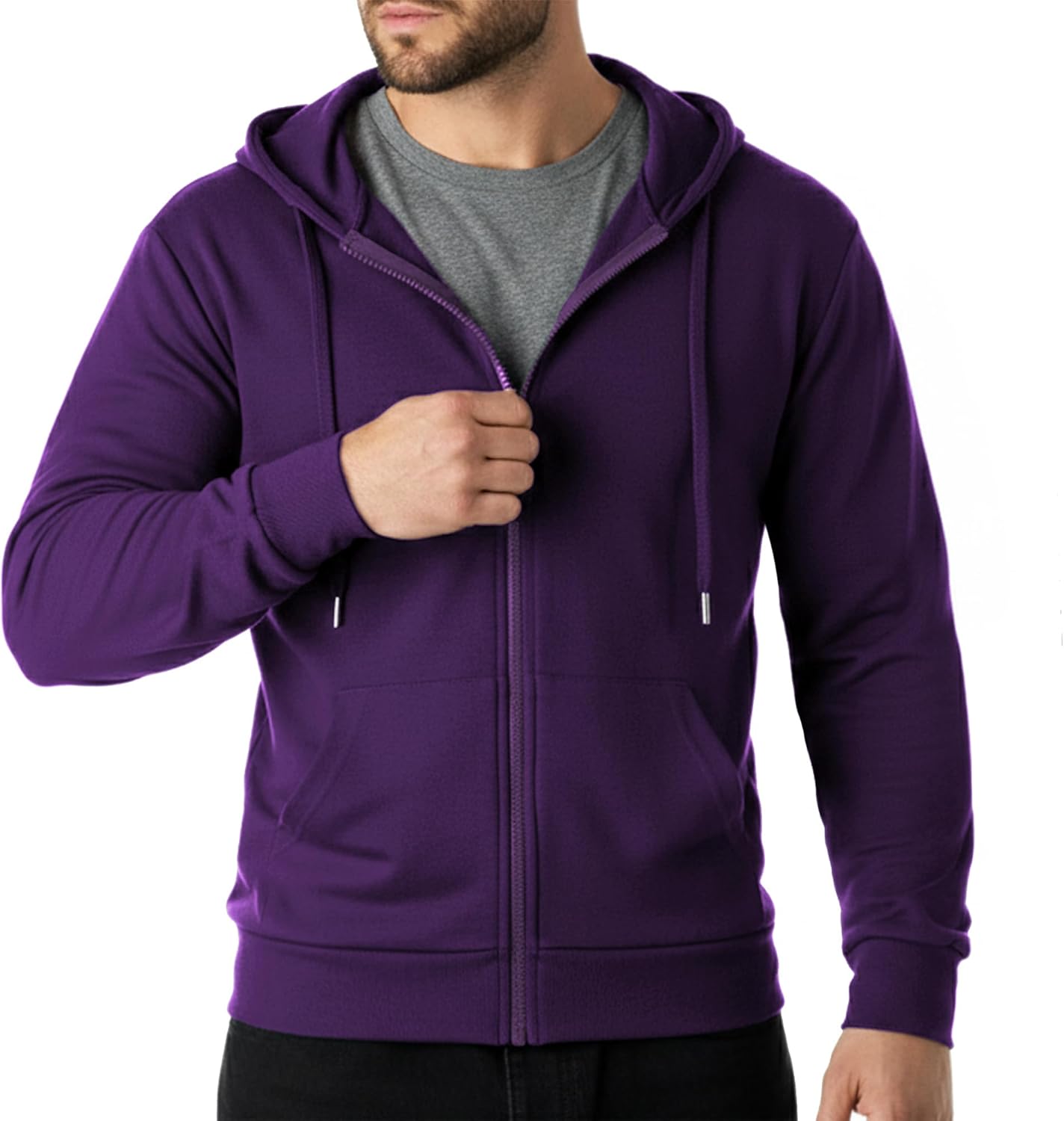 Ohoo Mens Slim Fit Lightweight Zip Up Hoodie Long Sleeve Full-Zip Hooded Sweatshirt with 3-Piece Fabric Panel Hood