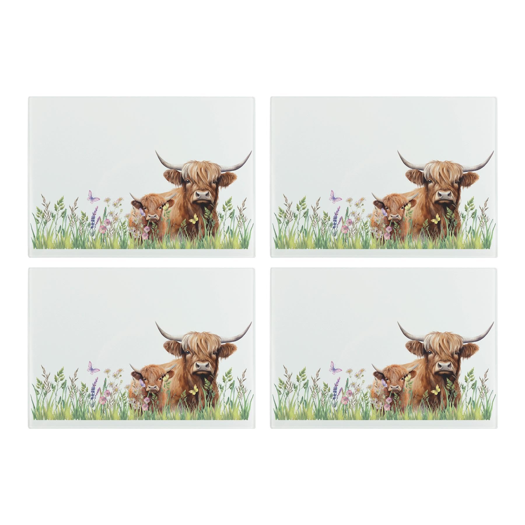 Purely Home Highland Cow & Calf Glass Placemats Set - Countryside Farm Animals Decor Table Mats Gift - Tempered Glass Non-Slip Feet 4Pk