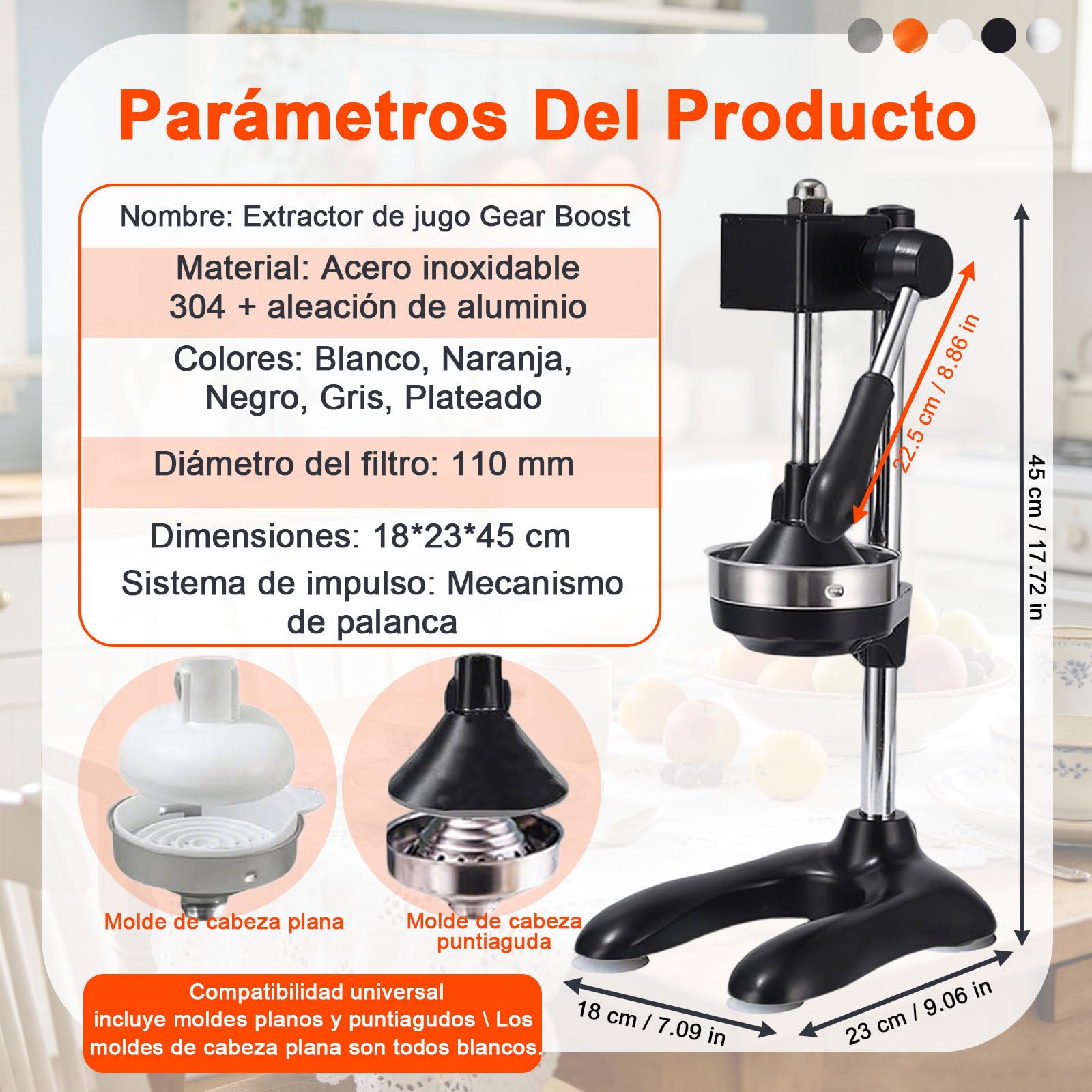 Exprimidor Comercial de Citricos, Prensa Manual de Naranjas con Base de 40mm, Prensa de Frutas de 45cm de Altura para Accesorios de Bar Negro-Cabezaplana