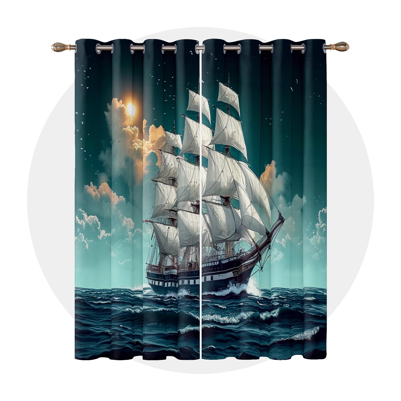 Vorhänge Segelboot - Nautische Meer Maritim Fenster Gardinen mit Ösen, Vorhang Blickdicht Verdunklungsvorhänge Thermovorhang für Wohnzimmer Schlafzimmer Deko 2er Set, H 137 x B 117 cm E#-101