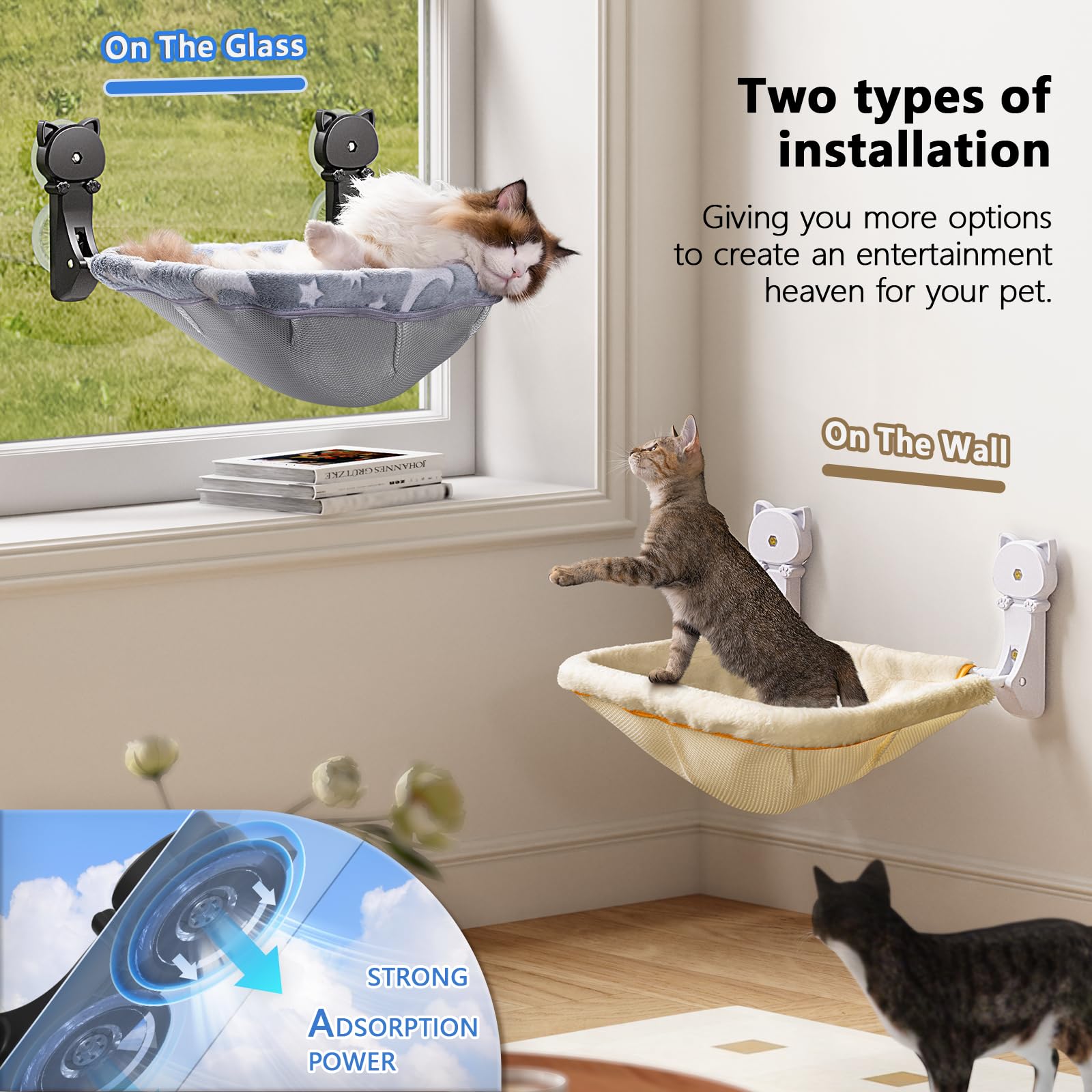 JUSNPOW - Paquete de 2 camas plegables y estables para gatos, inalámbricas, que brillan en la oscuridad, hamaca de ventana transpirable para pasar por alto, tomar el sol y escalar, soporta hasta 40