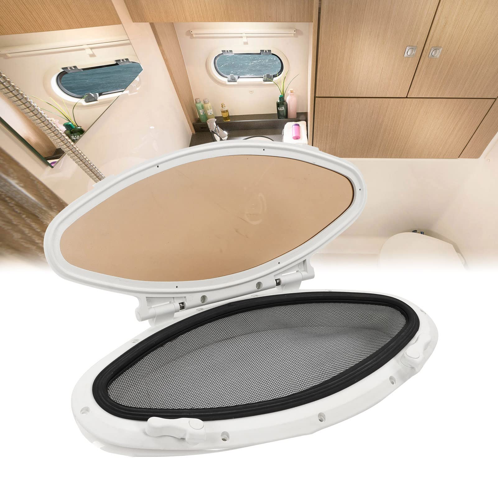 Omabeta Ovales Bullauge, 470 X 210 Mm, nach Innen öffnend | ABS, Edelstahl, gehärtetes Glas, wasserfeste Versiegelung, Fliegengitter, Marineluke, Boot, Yacht, Schiff, Wohnmobil