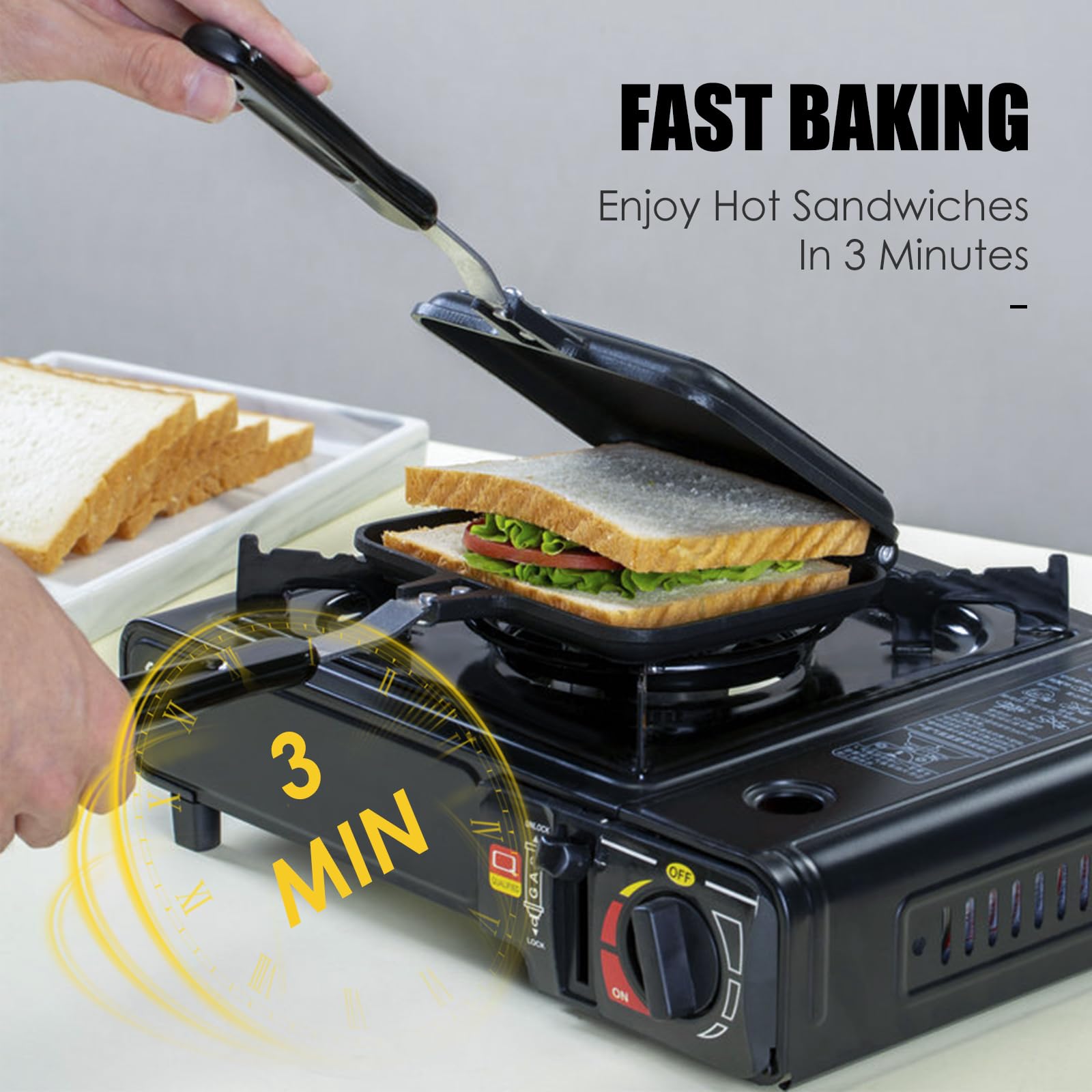 Doppelseitiger Sandwichtoaster, 34.5 cm Aluminium Sandwich Toaster | mit Antihaft und Hitzebeständigen Griffe für Grill und Gas, Frühstück, Camping und Outdoor
