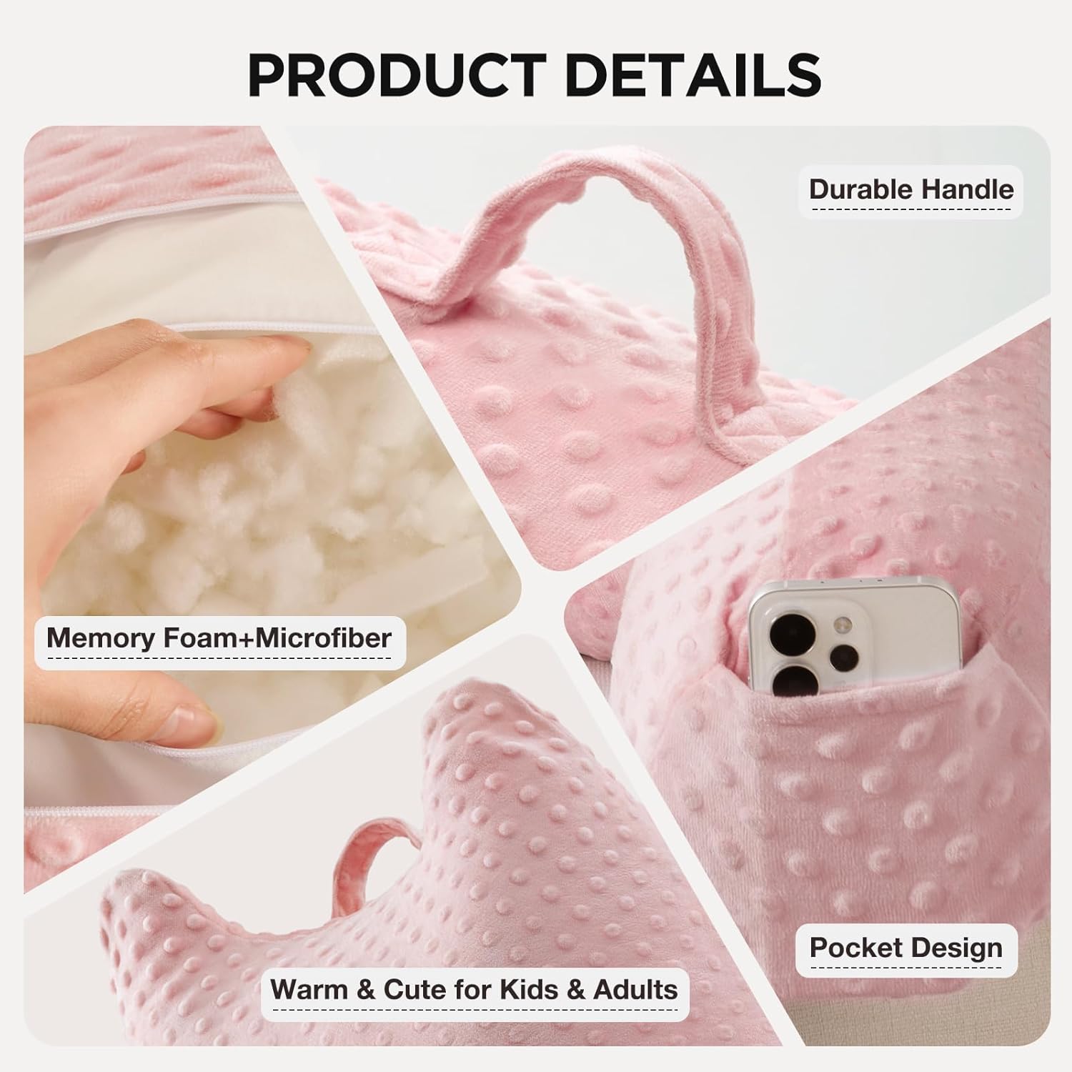 Reading Pillow for Kids Sitting in Bed Couch Adult, Back Pillow for Bed Sitting Up, Back-Rest Support Cushion with Pockets and Arms, Watching TV, Relaxing, Reading, Pink