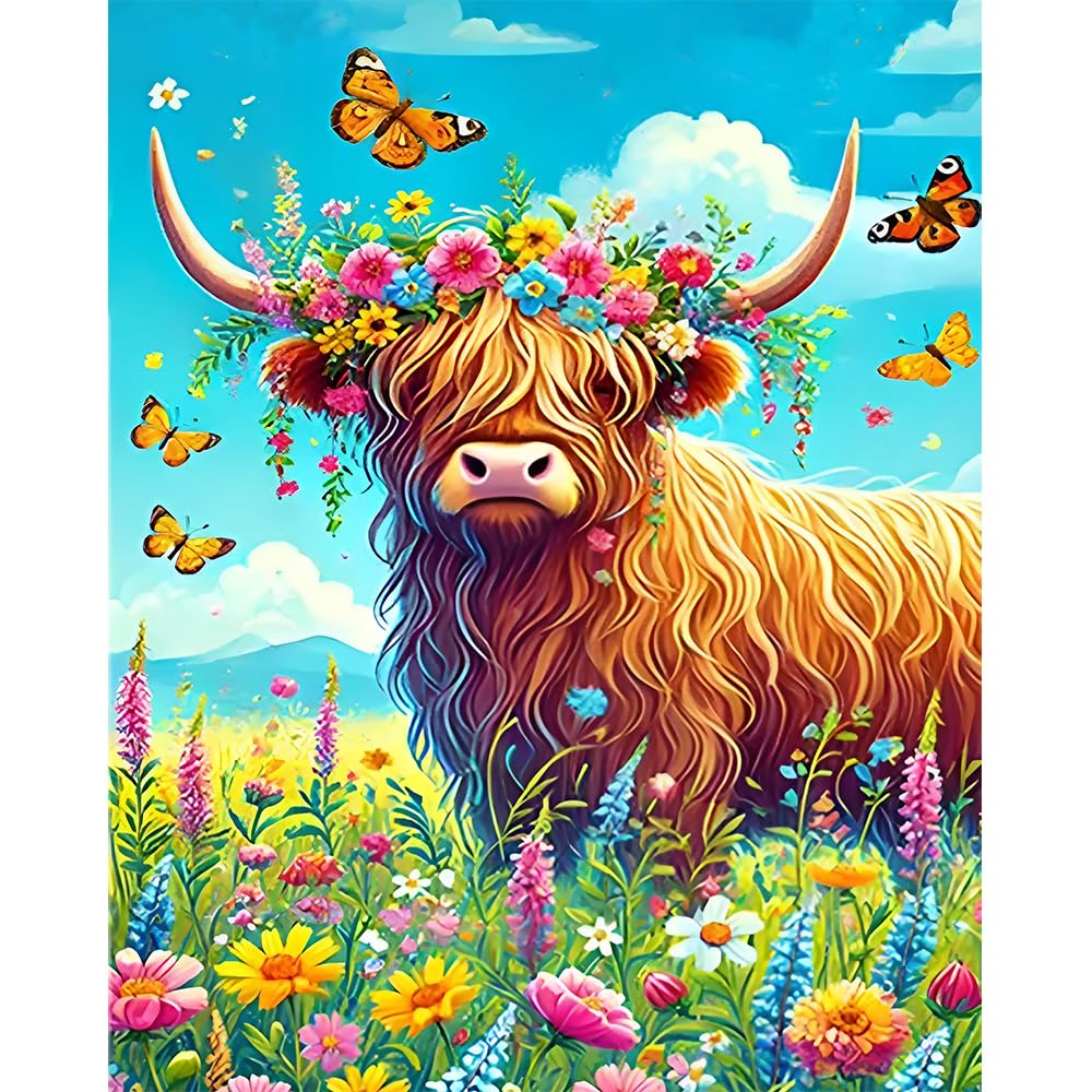 Highland Cow Paint by Numbers for Adults Beginner, Flower Painting by Numbers Kits, Acrylic DIY Painting by Number Kits on Canvas, Drawing Paintwork with Paintbrushes for Decoration 16x20 Inch