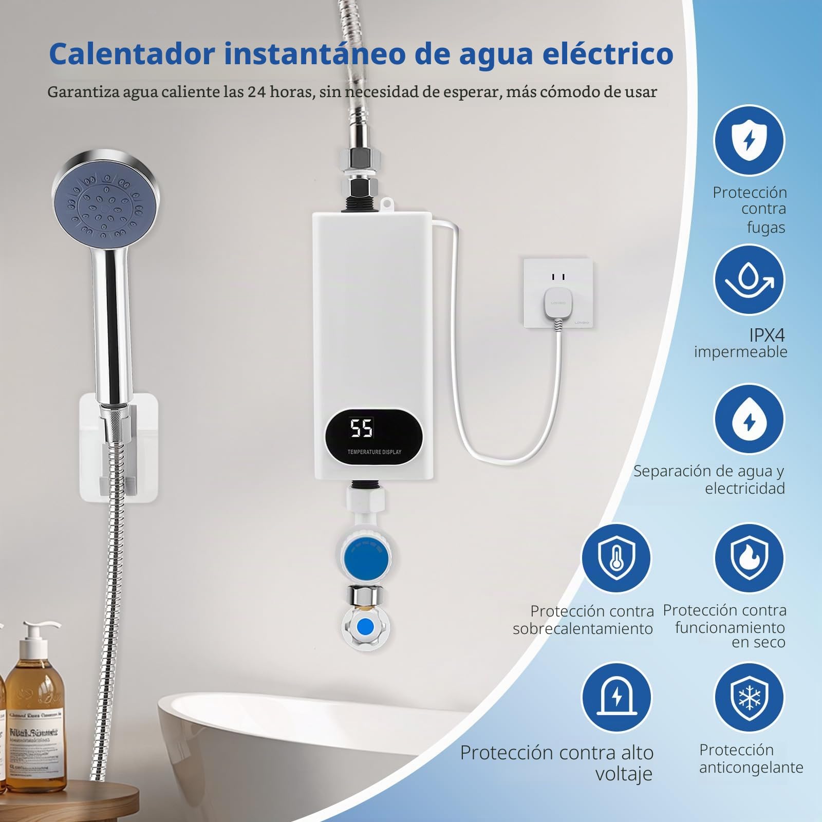 Calentador de agua instantáneo de 5500 W sin almacenamiento con kit de ducha, calentador de agua instantáneo de 220 V con pantalla digital LCD y botones táctiles, apto para ducha, baño, cocina, lavabo