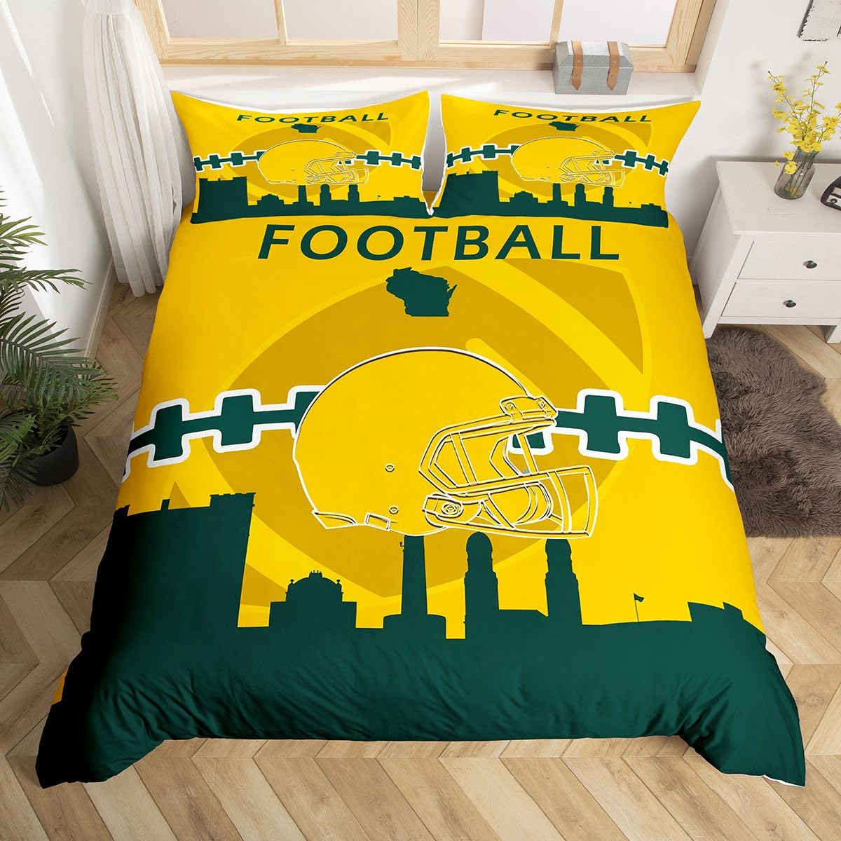 Erosebridal Queen Football Duvet Cover Set Football Game Bedding Set for Kids,Sports Bed Sets for Boys, Green Yellow No Comforter