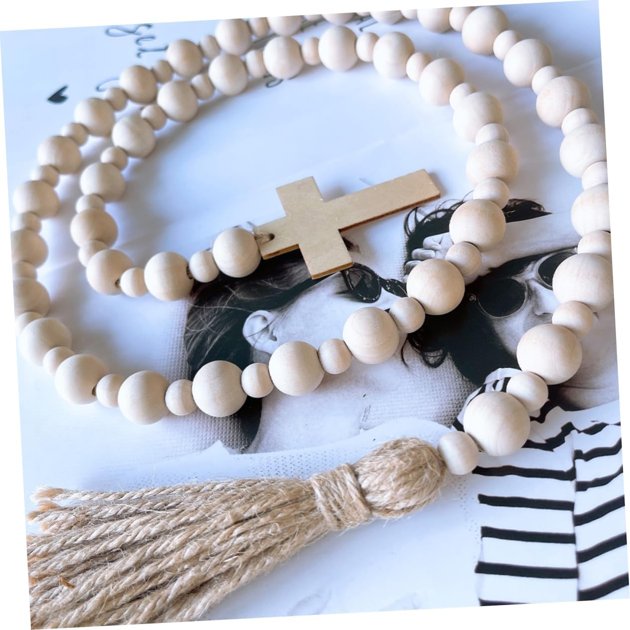 Luxshiny 5pcs Easter Wooden Bead Pendant Tassels Rustic Cross Decoration for Home Lightweight Wooden Garland for Door Window and Mantel Holiday Decor