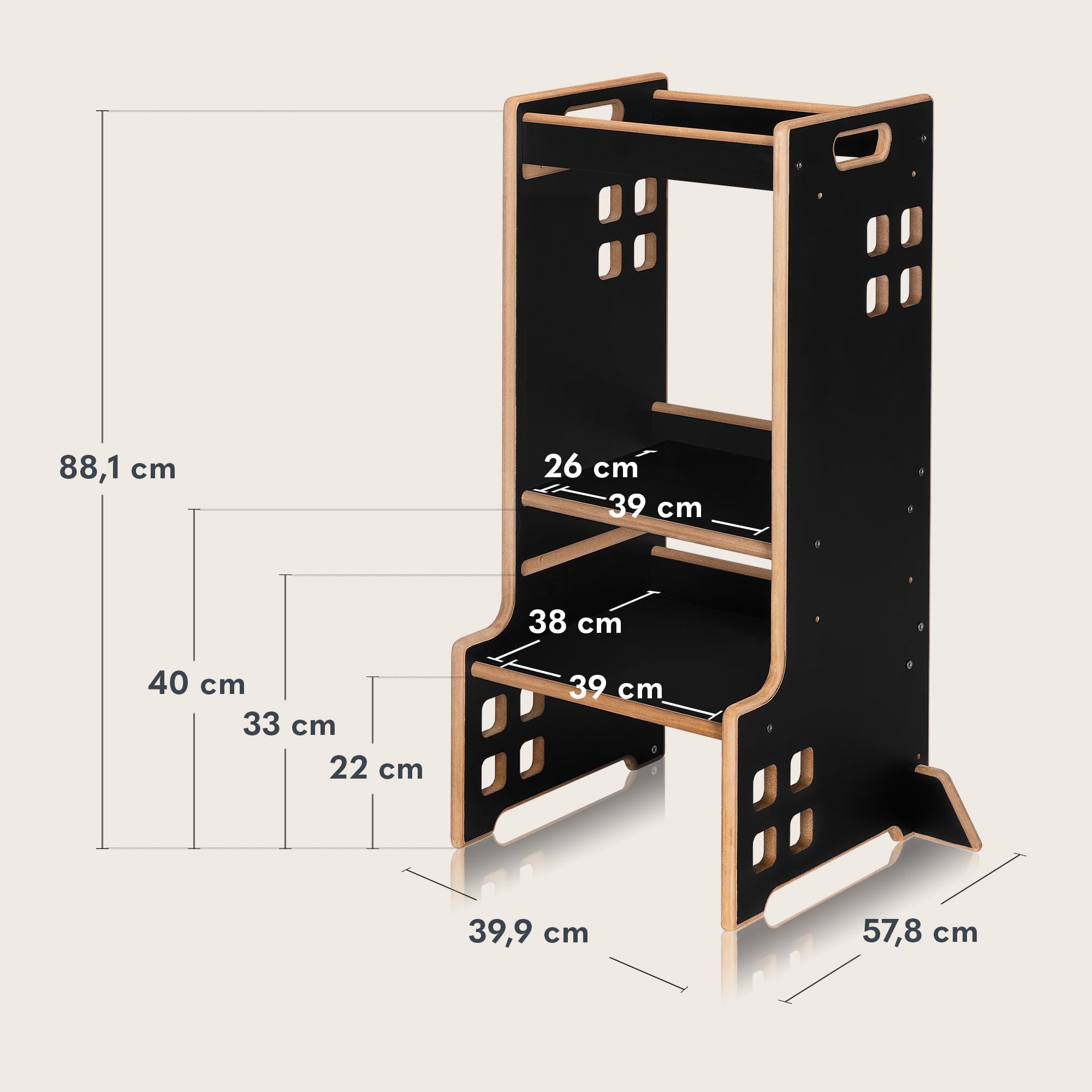 LIONELO CASS Torre Montessori per bambini 3in1, Da 1 Anno Fino a 30kg, Aiutante cucina, Libreria Scaffale e torre di apprendimento per bambini, Stabile e Sicurezza (Nero)