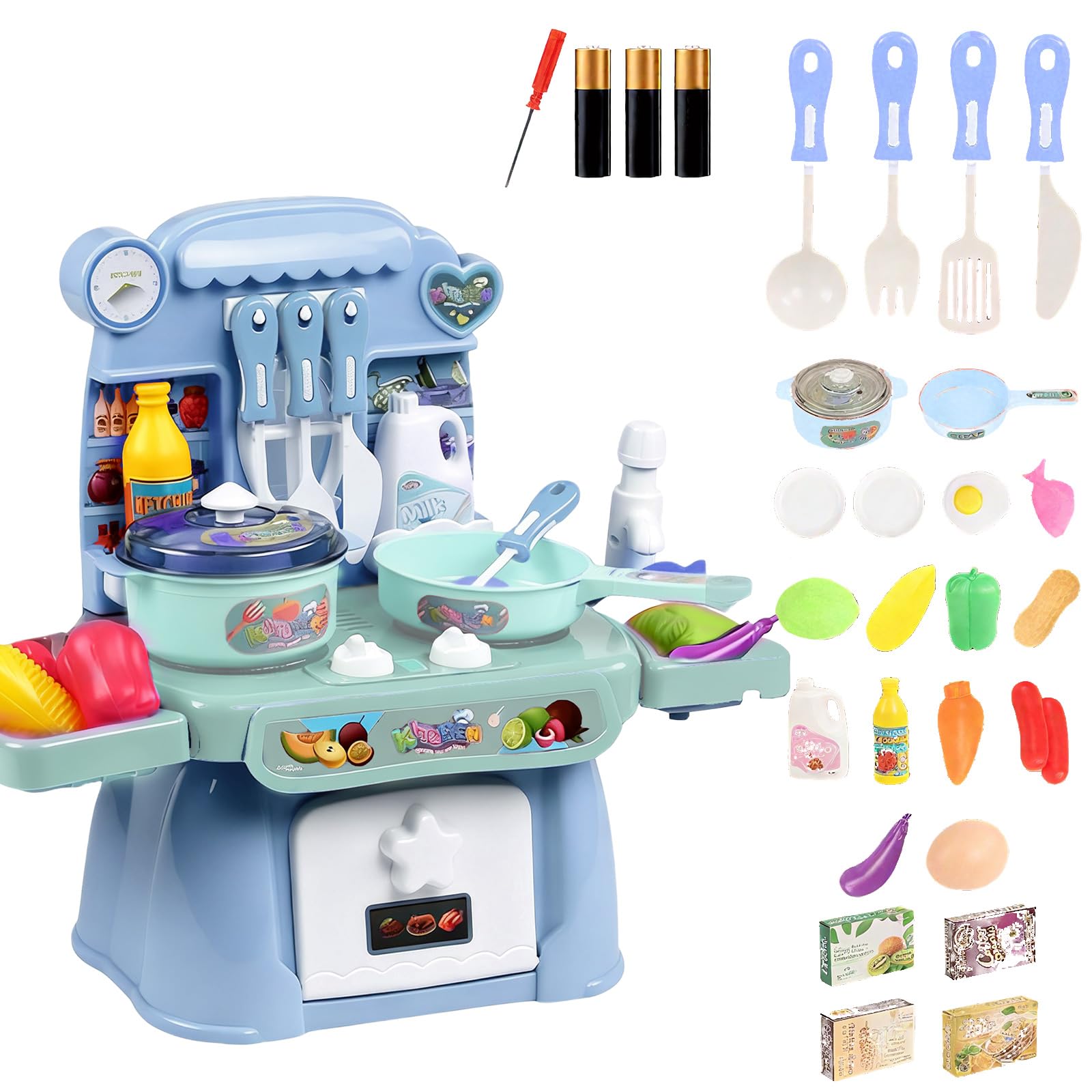 Kitchen Play Set for Toddlers with Lights & Sounds, Kitchen Pretend Play Food Playset with Kitchen Accessories ﻿ (blue)
