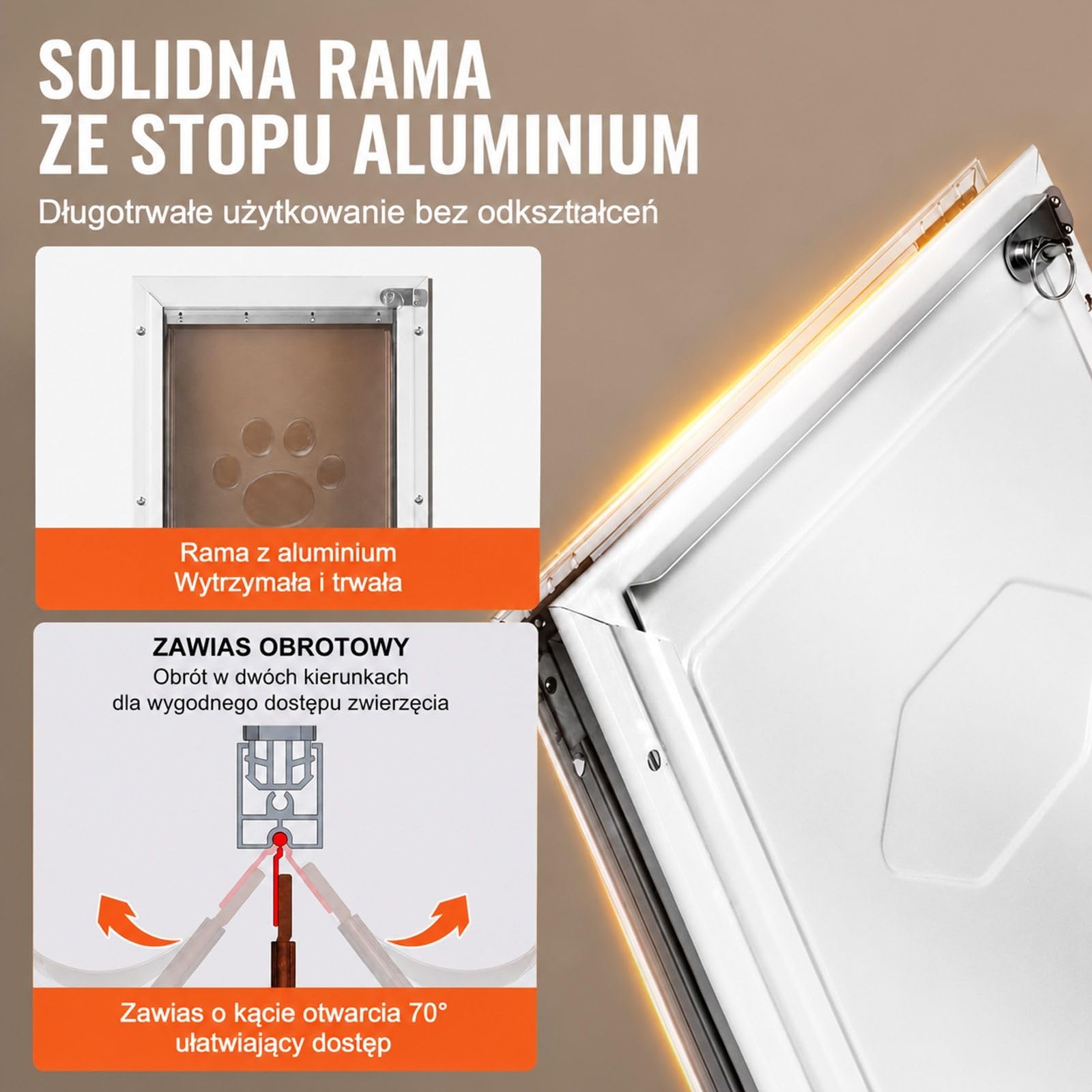 Klapka dla zwierząt dla kota i psa, aluminiowa rama, magnetyczny system klapy, biała, do montażu w drzwiach