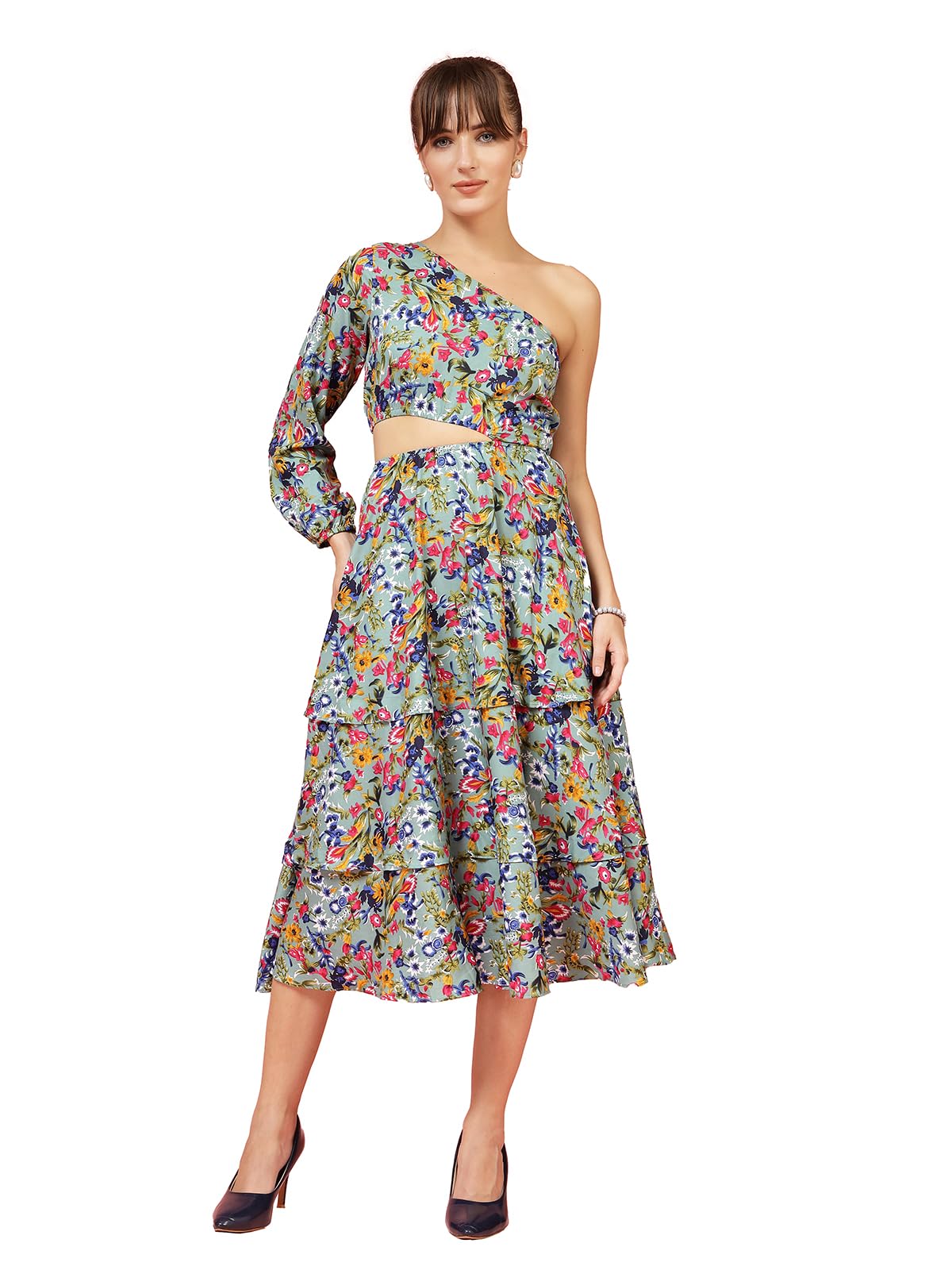 Oomph! Women's Western & Fusion Wear Printed Crepe Dress For Women, One Shoulder, Blue - Md1068