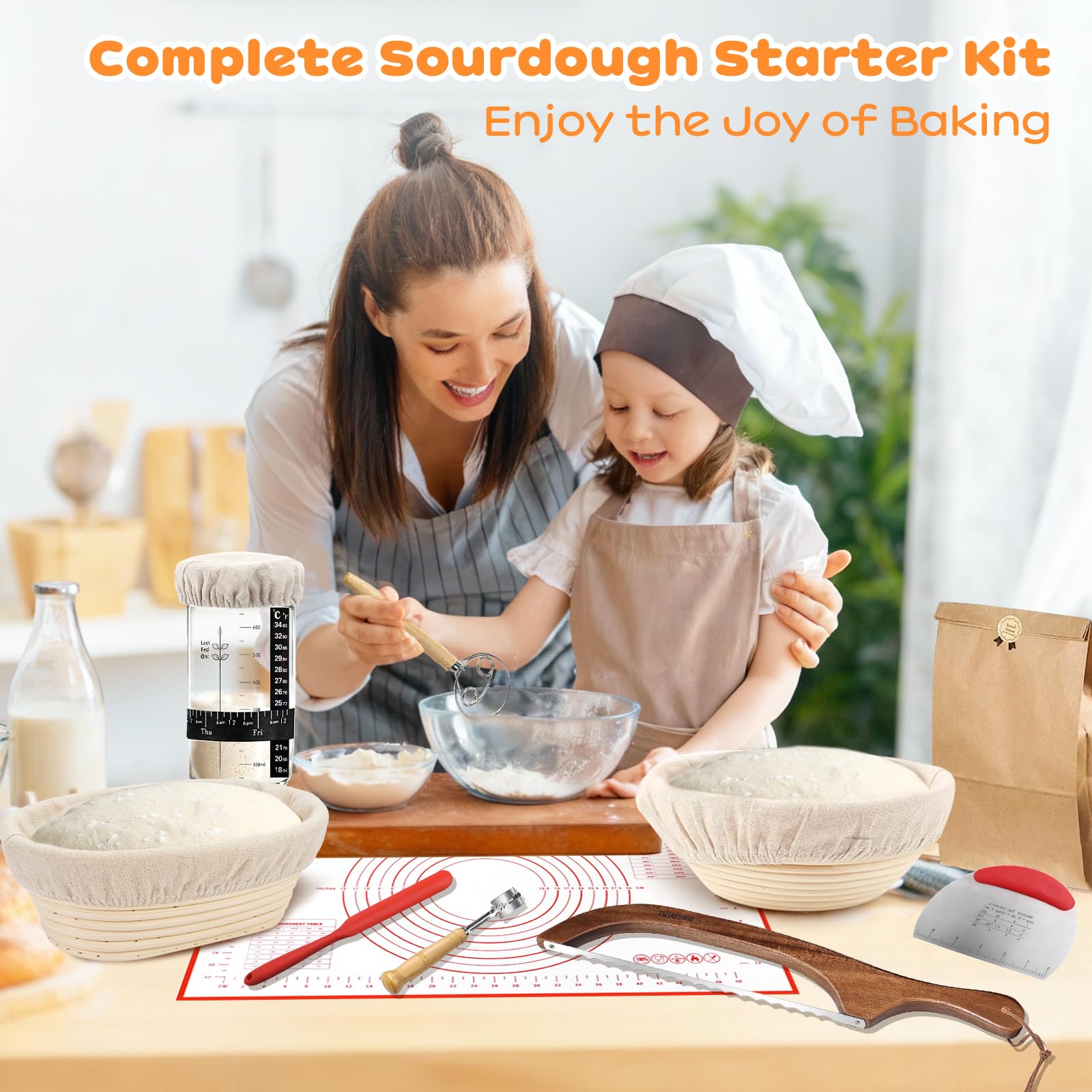 Sauerteig-Starter-Set, 22,9 cm rund und 25,4 cm oval, Banneton-Brot-Gärkörbchen, Sauerteig-Brot-Backzubehör mit Sauerteig-Starterglas und Brotschneider, Sauerteig-Set, Geschenke für Menschen, die