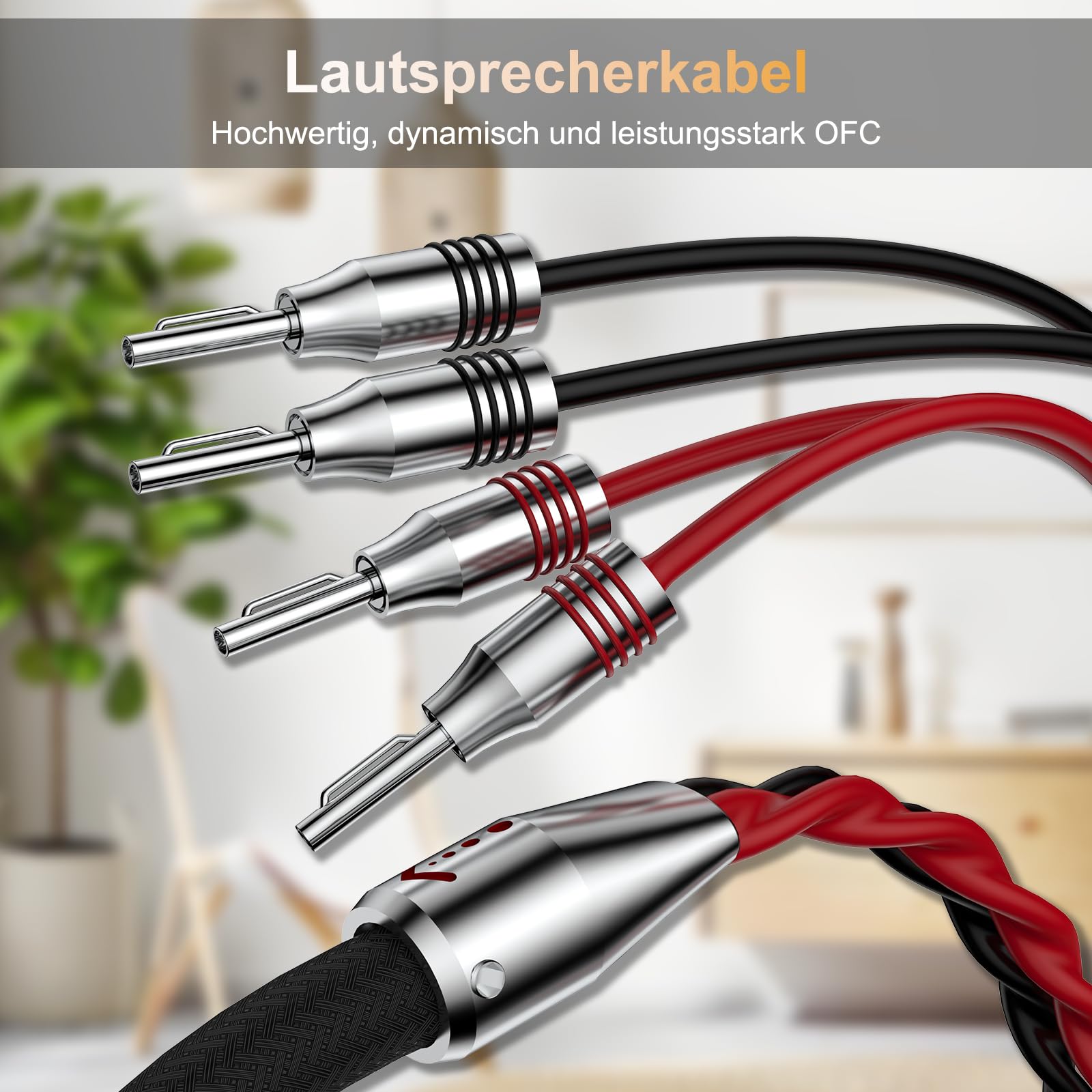 HiFi Biwire Lautsprecherkabel, 2 Bananen auf 4 Bananen Lautsprecherkabel Ein Paar flexible Kabel Vergoldetes mit hochwertigen Bananensteckern (3m)