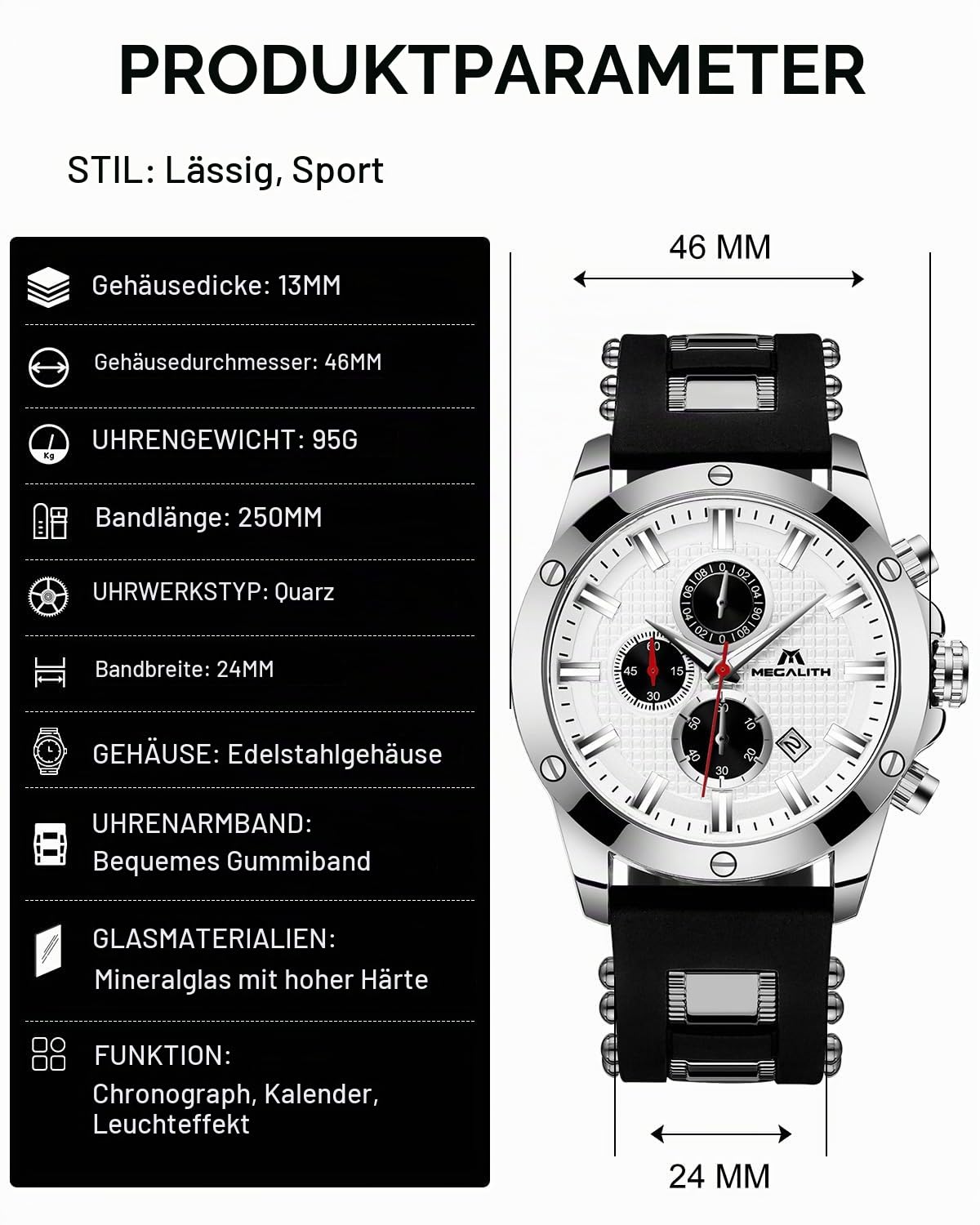 MEGALITH Herren Uhren Groß Chronographen: Analog Wasserdicht Armbanduhr Gummiband mit Datum Leuchtend - Stilvoll Geschenke für Sportlich Männer Jubiläum Geburtstag
