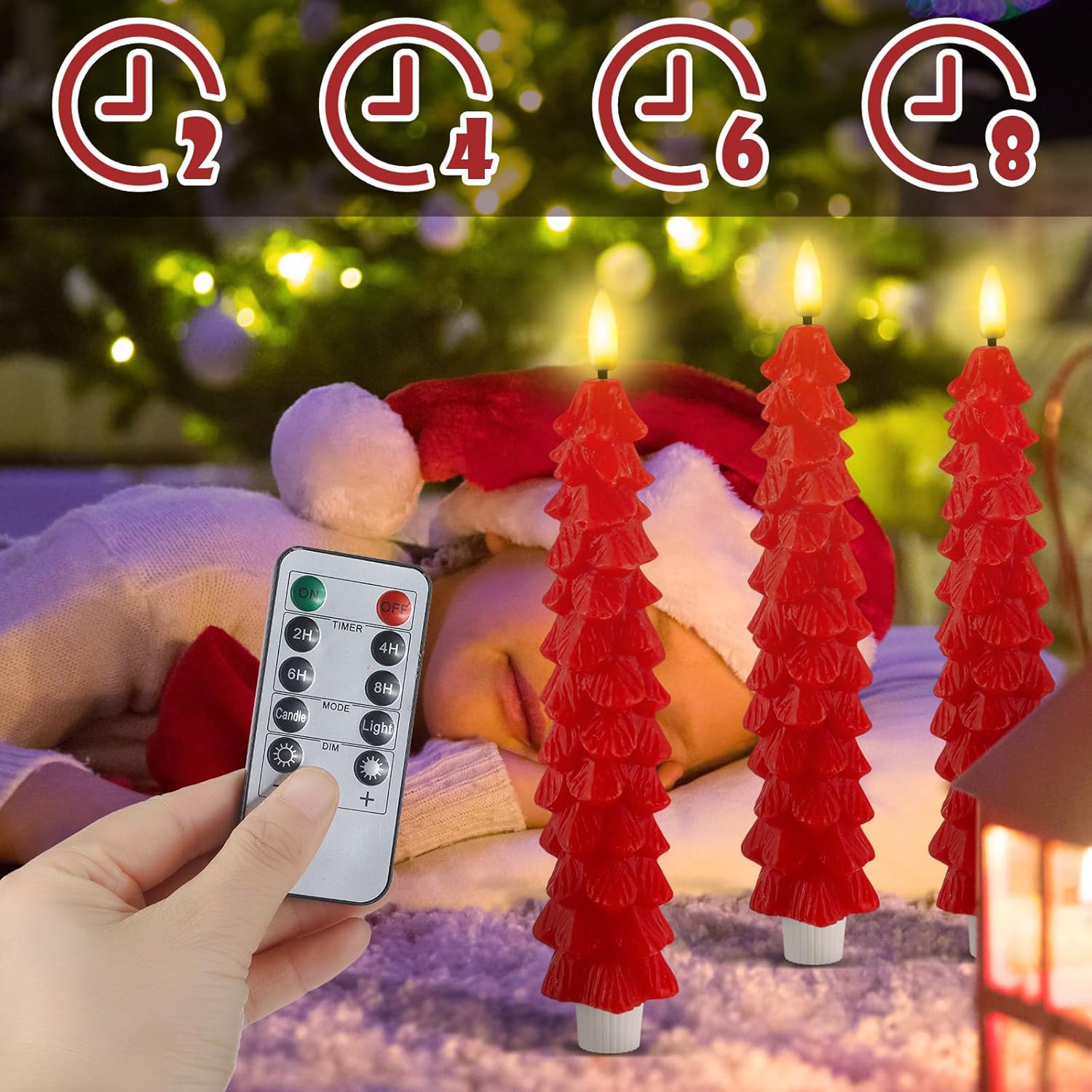 Funtery 6 Pcs LED Christmas Tree Flameless Taper Candles Real Wax Battery Operated Candlestick Lights with 3D Flame and Remote Timer Window Fireplace(Red,Christmas Tree)