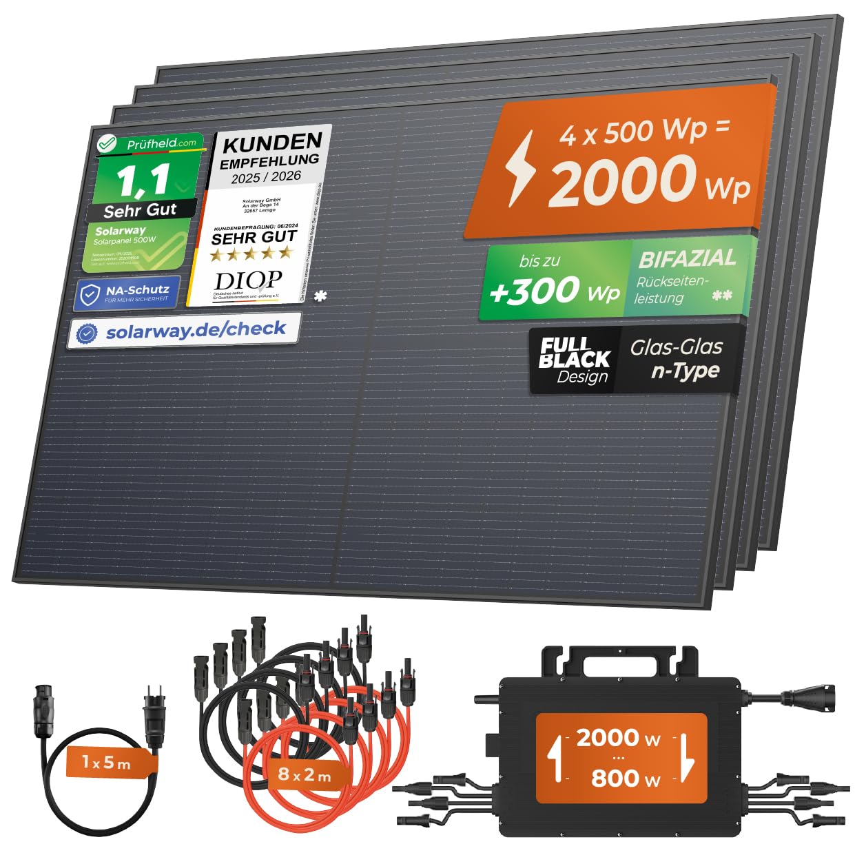 Solarway Kit di alimentazione per balcone 2000W completo con presa - Uscita regolabile 600/800/2000W - 4 moduli JaSolar da 500W, inverter con APP e WiFi, Plug&Play
