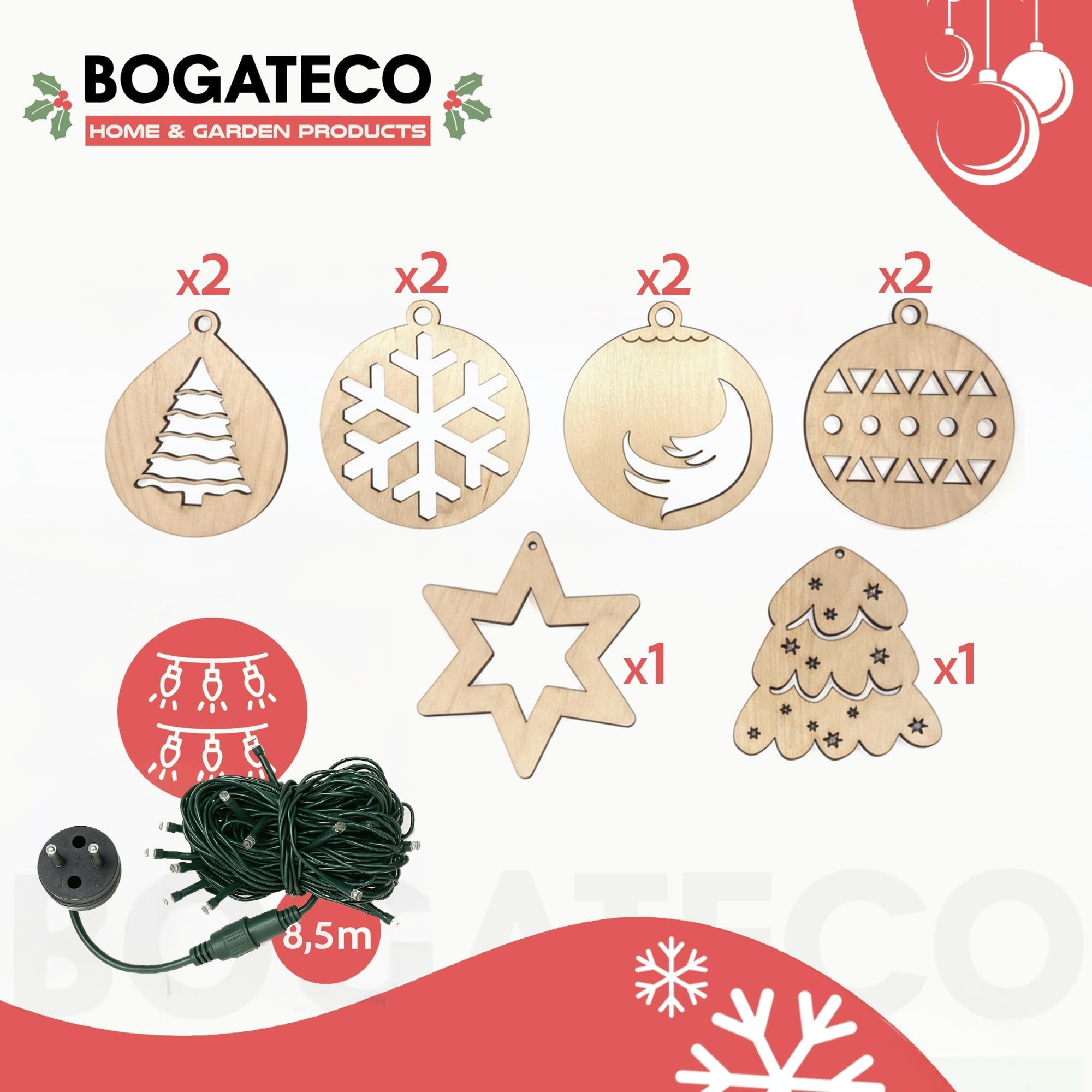 BOGATECO Albero di Natale fatto a mano, con decorazioni, 195 cm, con LED da 230 V, in legno di nocciola, ciondolo decorativo, pannelli di legno collegati a una corda di iuta con uno spessore di 6 mm
