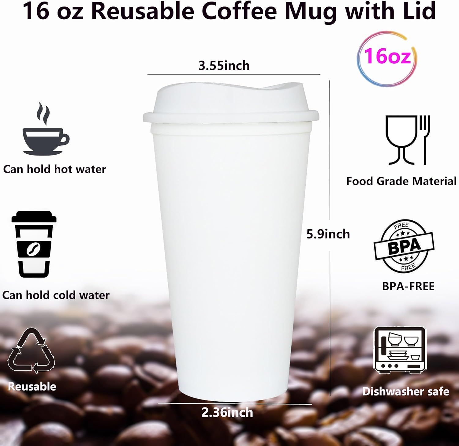 20 Pack Reusable Coffee Cups with Lids 16 oz Plastic Tumblers Travel Mug Iced Coffee Cup for Adults and Women Hot and Cold Drinks, Microwaveable (White) - Image 2