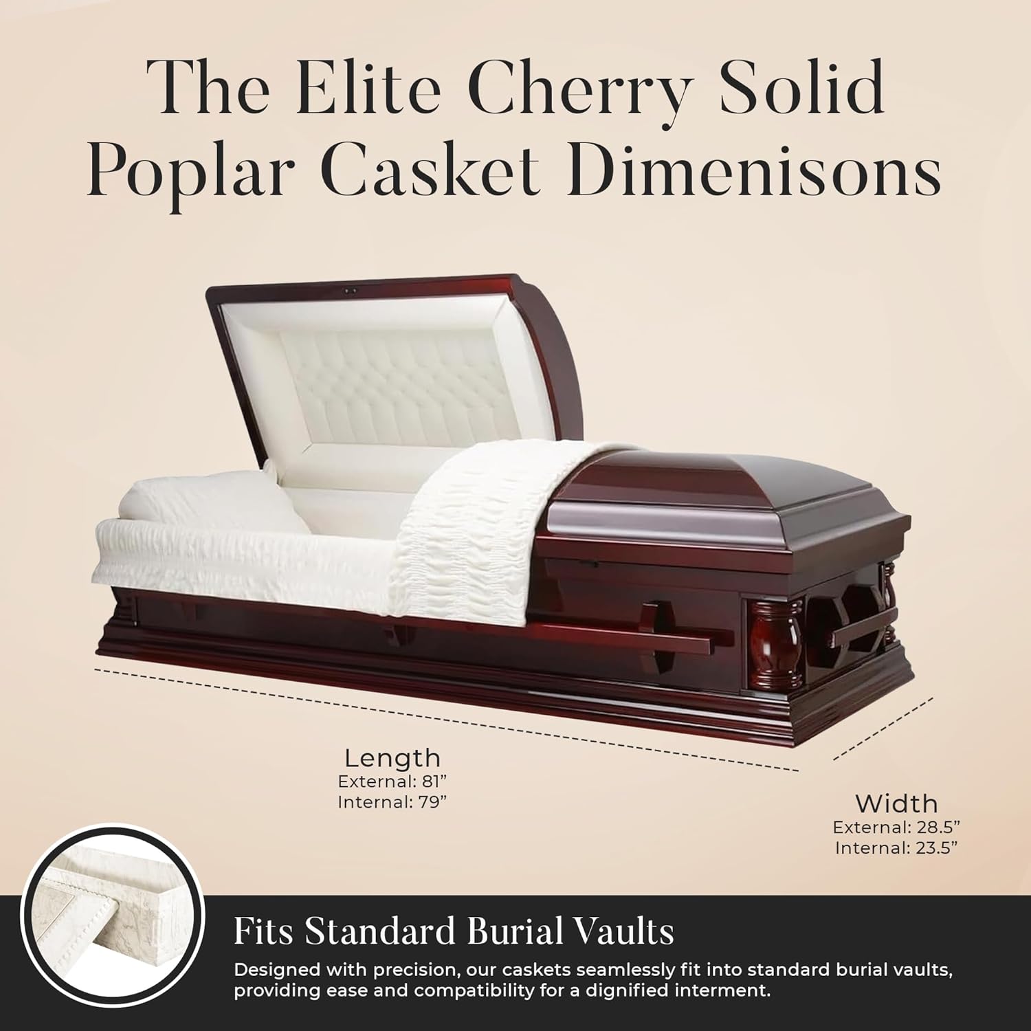 Overnight Caskets Elite Cherry Wood Funeral Casket with Almond Velvet Interior - Solid Poplar Wood - Fully Appointed Adult Casket for Cremation or Burial - Handcrafted Coffin with Pillow & Throw Set