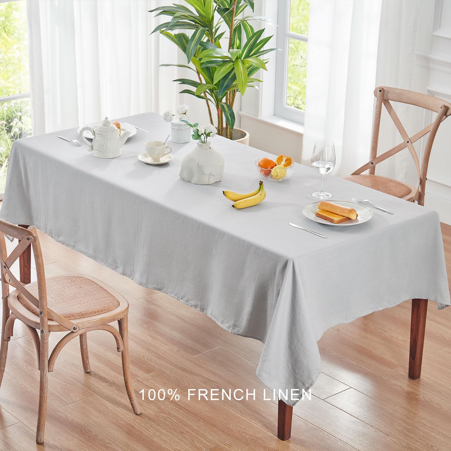 TOSMO 100% French Linen Tablecloth, Washable Farmhouse Rectangle Table Cloth for Kitchen, Dining, Party, Cocktail, Indoor and Outdoor Daily Use(60''x84'',Soft Grey)