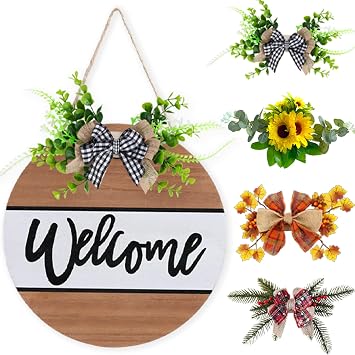 Welcome Sign for Front Door with 4 Seasonal Wreaths, Wreath for Front Door, Seasonal Farmhouse Welcome Year Round Wreath Door Decor, Door Hanger Decoration Porch Decor Home Decor