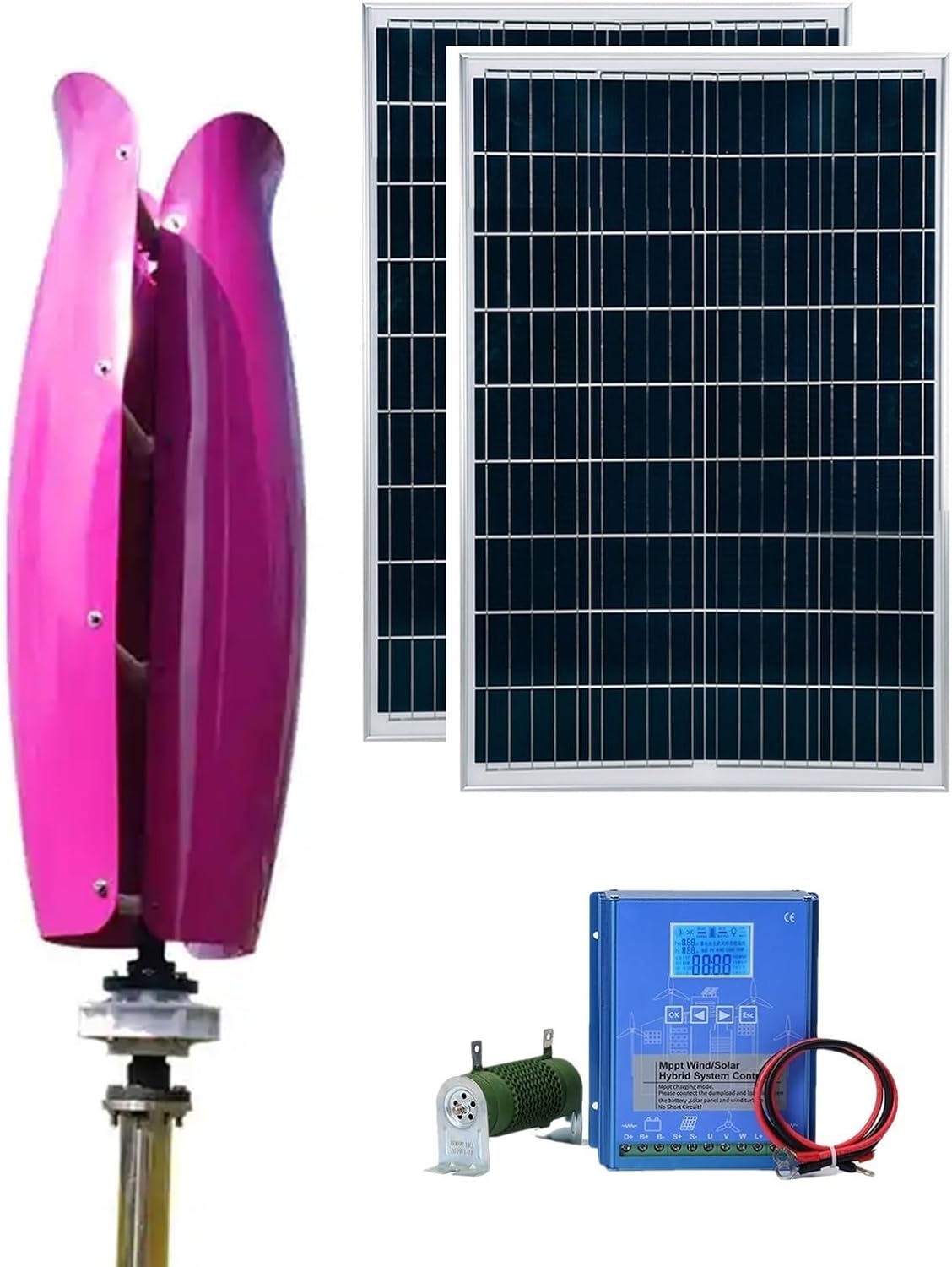 5KW Vertical Axis Wind Turbine Kit - 12V/24V/48V, Low Start-Up Wind Speed, Hybrid Wind & Solar Power System with Controller & Solar Panel, Efficient Breeze Start (Purple, 48V)