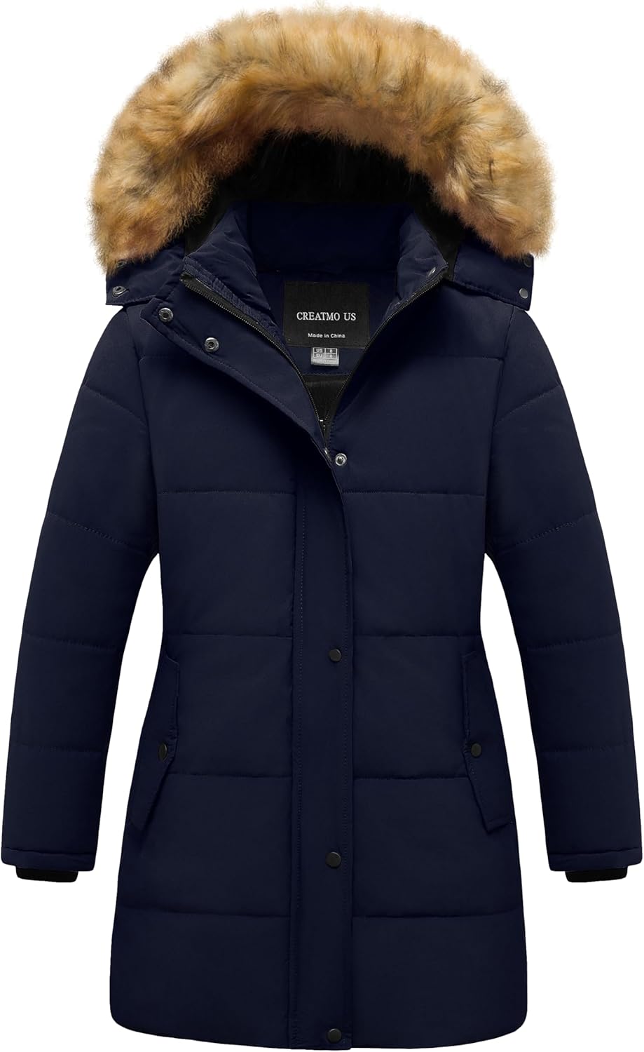 CREATMO US Girl's Winter Fleece Lined Long Parka Puffer Coat Thicken Ski Jacket With Fur Trim Hood