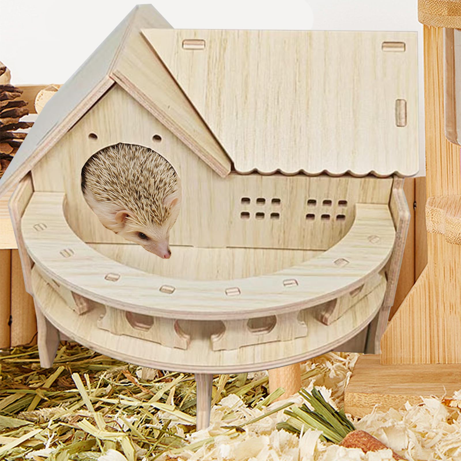 Casa para Erizos, 35 x 27 x 27 cm Casa del Erizo de Madera con Terraza Gran Casa para Erizo Desmontable con Múltiples Entradas y Salidas Redondas para Erizos o Cobayas para Refugio e Hibernación