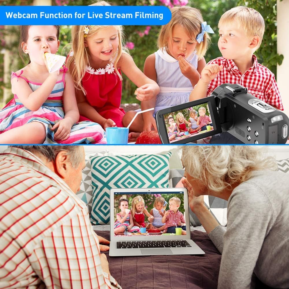 Caméscope, Camescope Numerique 1080P 36MP IR Vision Nocturne 16X Zoom Numérique 3,0 Pouces LCD 270 Degrés Ecran Rotatif Vlogging Caméra pour Youtube avec Télécommande, 2 Piles