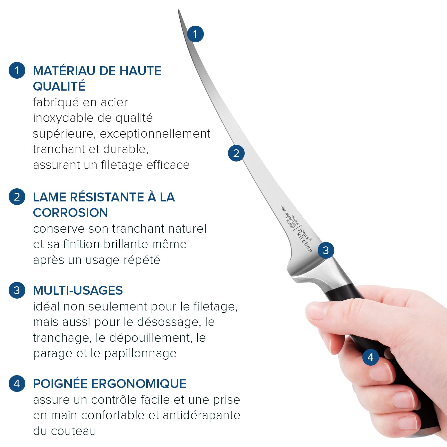Couteau Filet Poisson Professionnel Acier Inoxydable 31 cm Noir