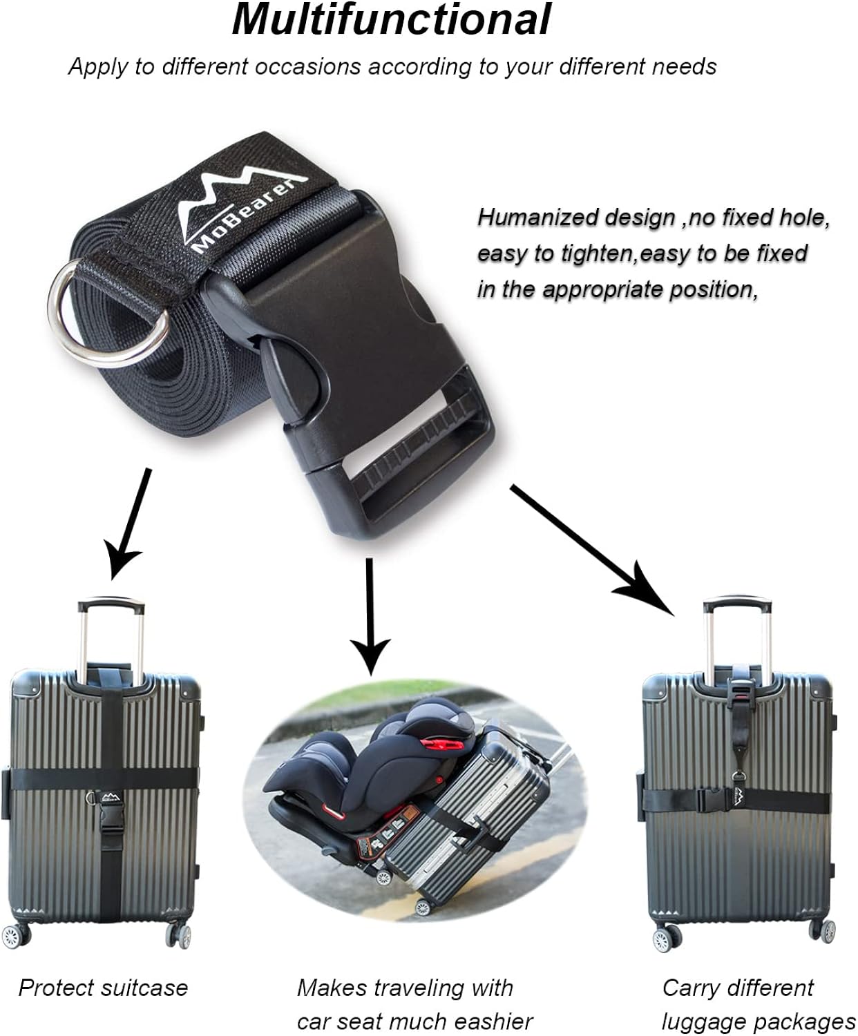 MoBearer Car Seat Travel Belt Adjustable Car Seat Travel Strap to Convert Kid Car Seat and Carry-on Luggage into an Airport Car Seat Stroller Safe Travel Solution for Transport Car Seat (BLACK, LARGE) : Baby